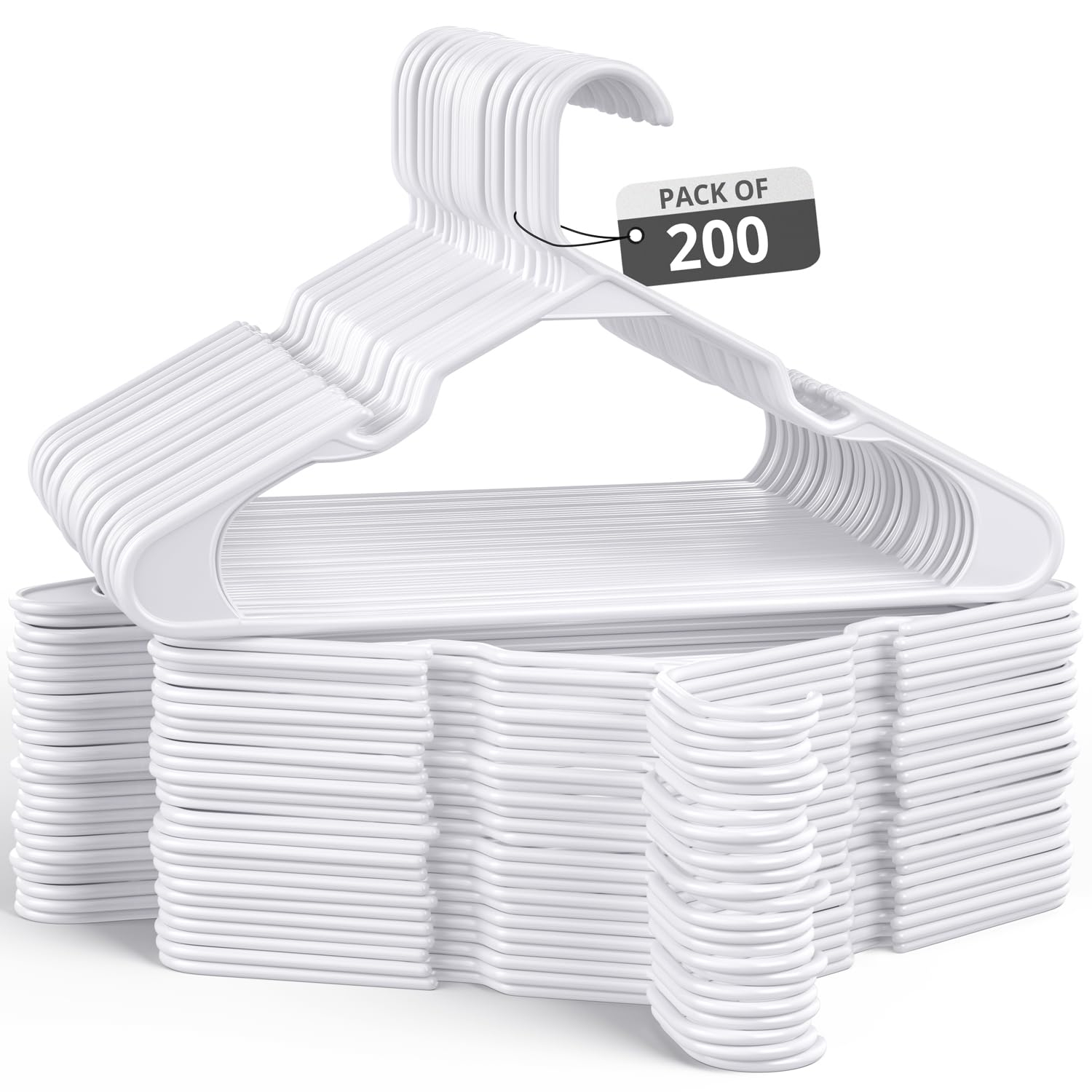 200 Pack Plastic Hanger for Shirt Pants Coats Dresses Skirts Suits Jackets - Standard Thick Coat Hanger - Sturdy & Durable Design with Shoulder Grooves Hook - White