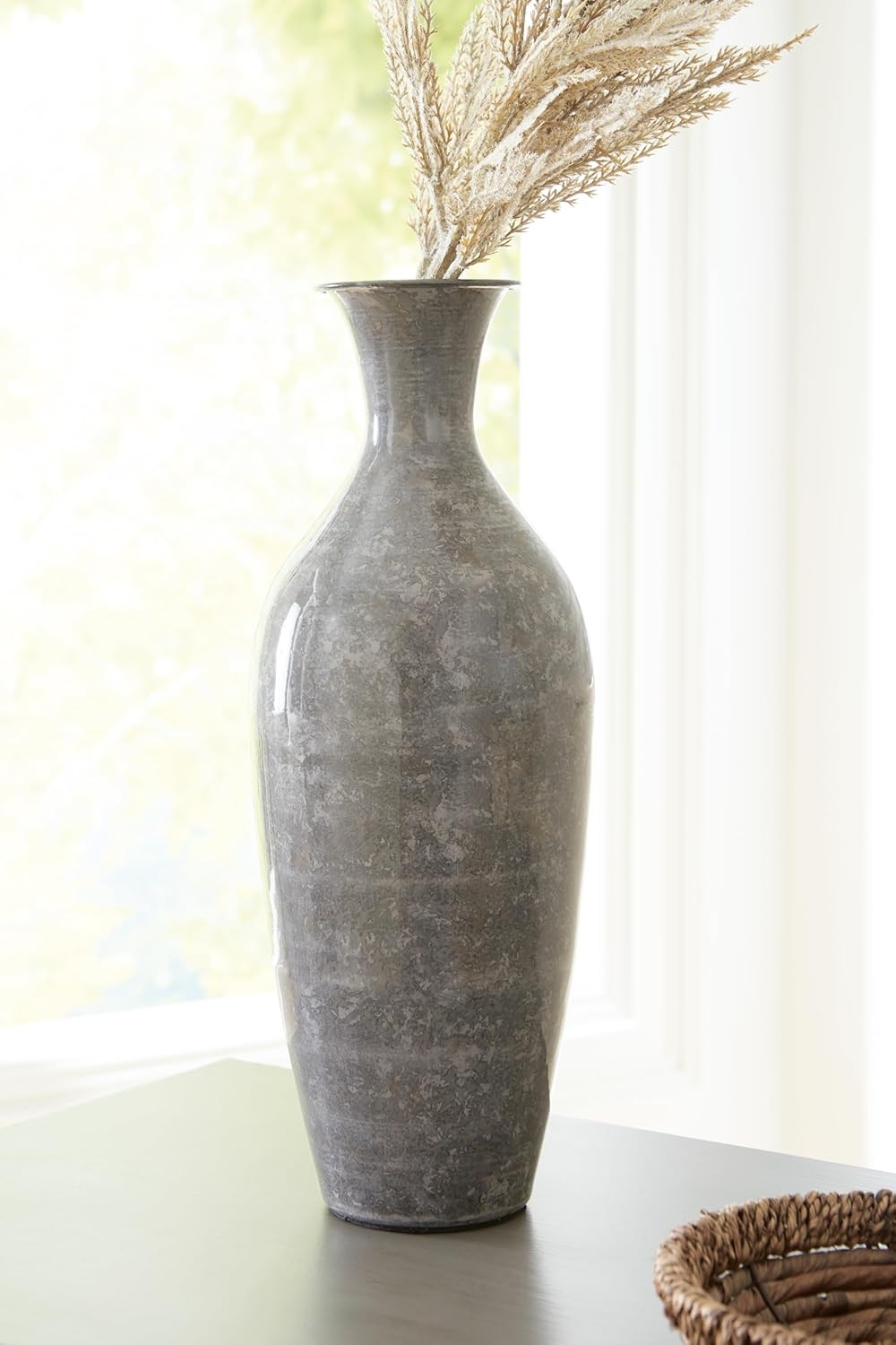 Gray High-Gloss Metal Trumpet Decorative Vase, 16 inches