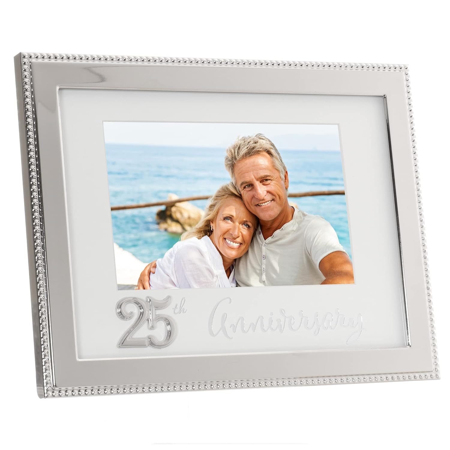 Silver Beaded Metal 25th Anniversary Picture Frame with Velvet Backing