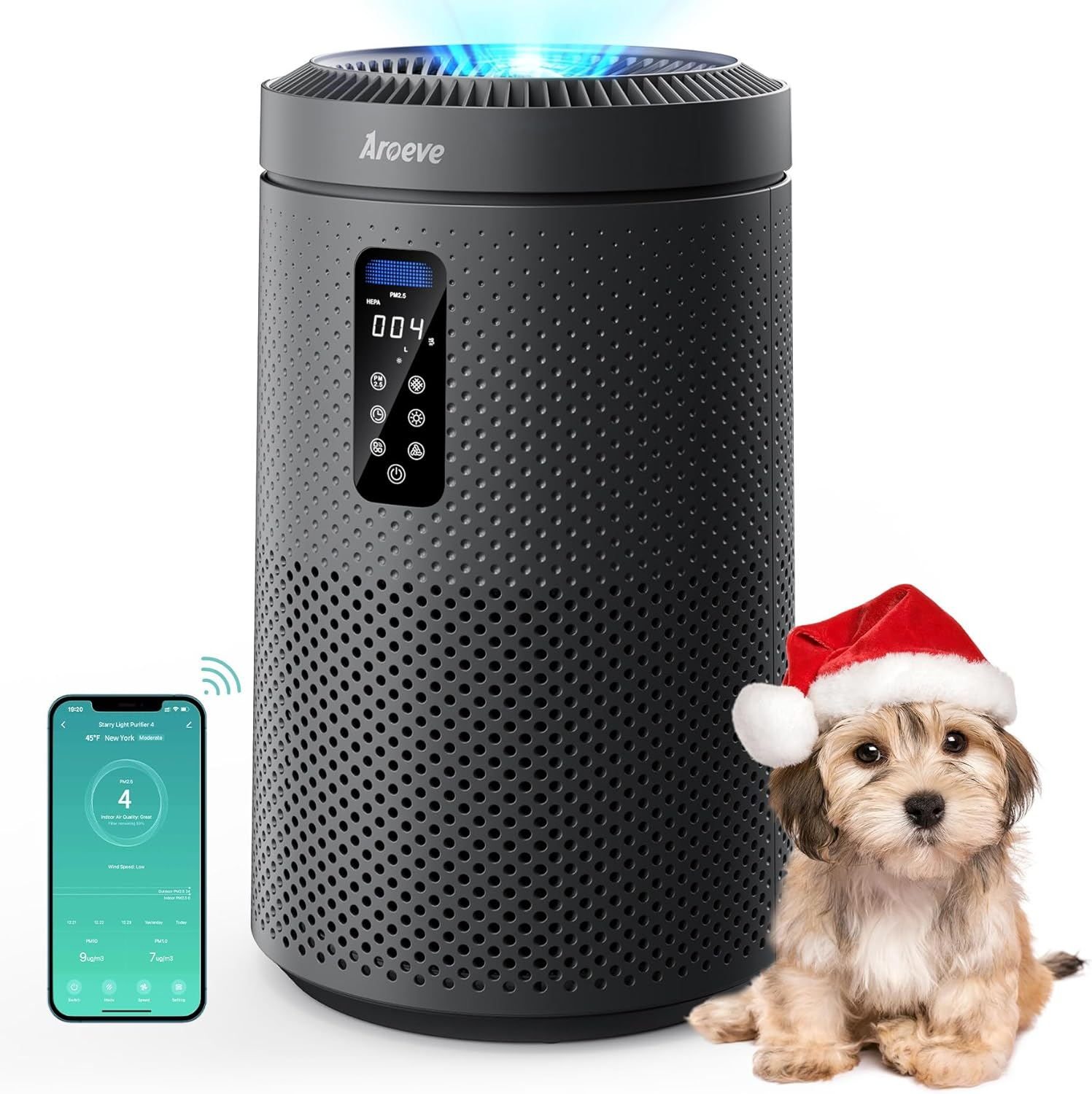 AROEVE Air Purifier for Large Rooms up to 1,782 Sq. Ft. with Star Projector, Smart WiFi, Air Quality Sensor, UV Function, and Washable Filter for Whole Home Use for a Cozy Holiday, MK09W Black