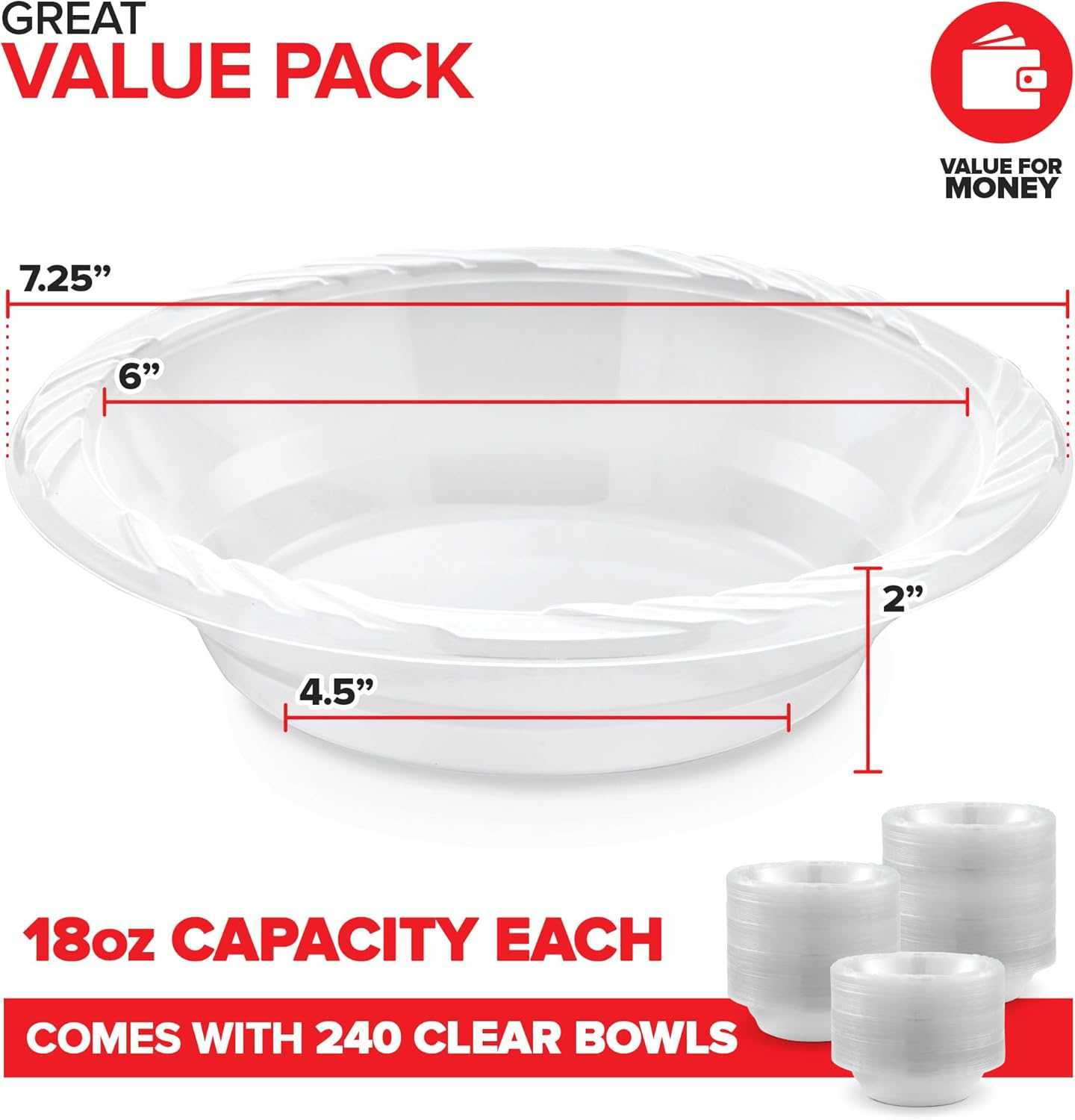 Elegant Clear Disposable Plastic Bowls for Parties, 18 oz, 240 Count