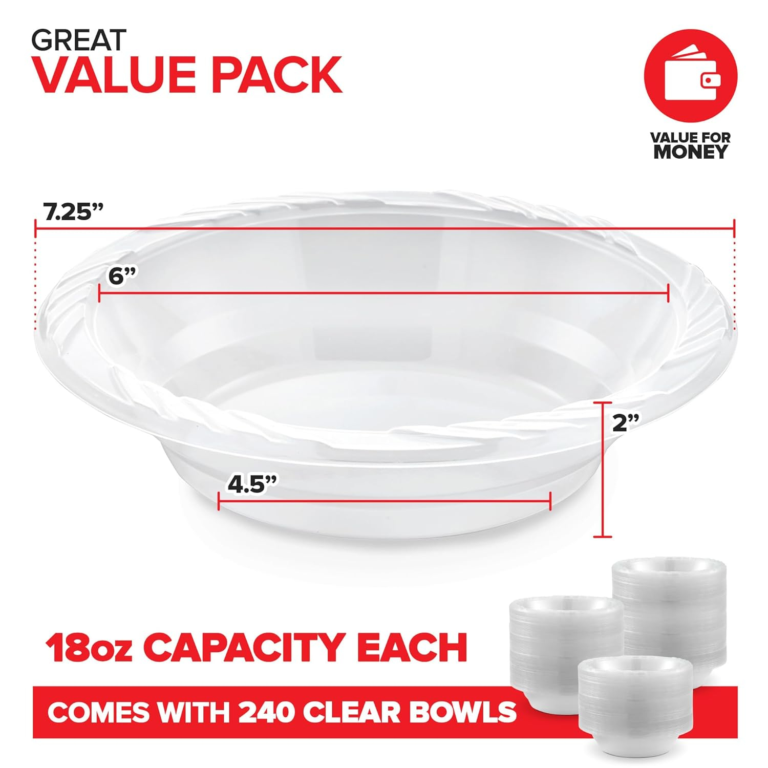 Elegant Clear Disposable Plastic Bowls for Parties, 18 oz, 240 Count
