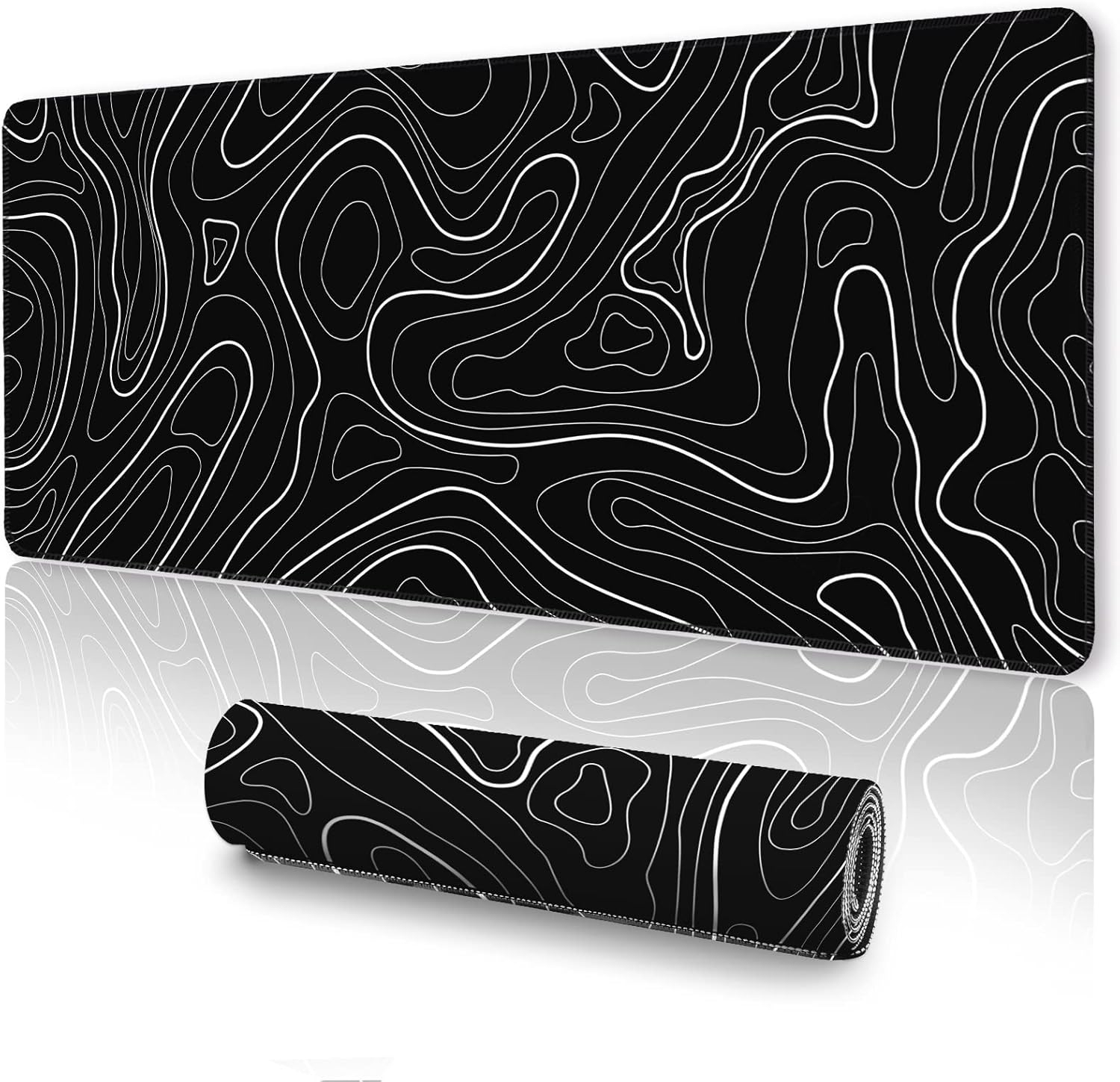 Mouse Pad Gaming Mousepad 31.5 x 11.8in Large Mouse Pad for Keyboard and Mouse with Anti-Slip Rubber Base, Keyboard Pad XL Mouse Mat for Home and Office（Black with White Topographic Line）