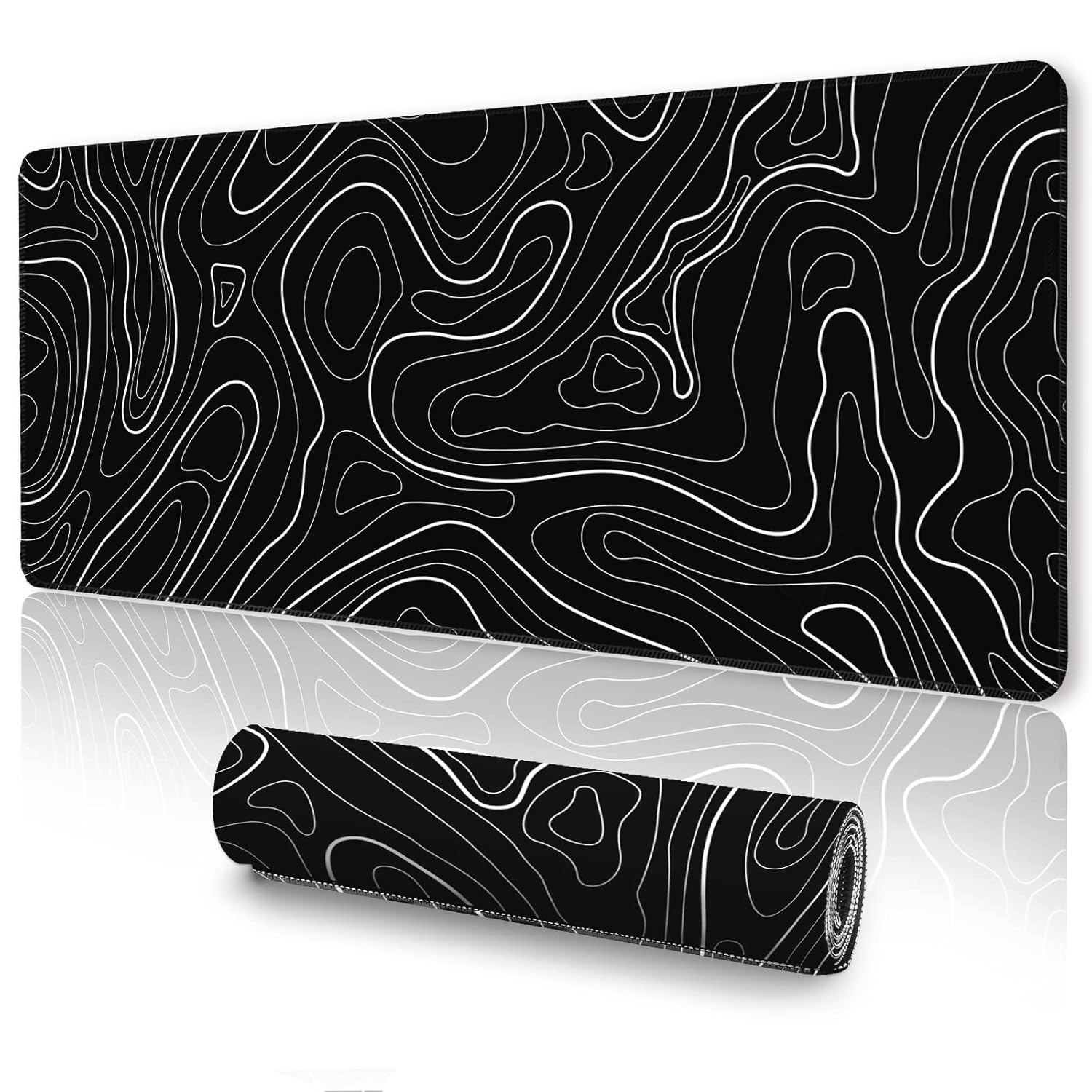 Mouse Pad Gaming Mousepad 31.5 x 11.8in Large Mouse Pad for Keyboard and Mouse with Anti-Slip Rubber Base, Keyboard Pad XL Mouse Mat for Home and Office（Black with White Topographic Line）