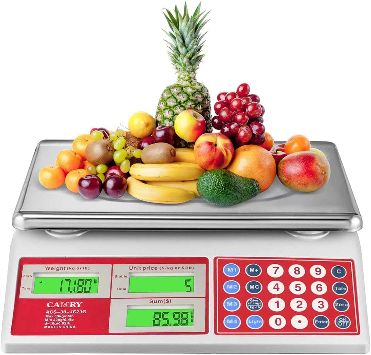 CAMRY Digital Price Computing Scale 66lb/30kg Commercial Produce Scale with Stainless Steel Platform and Green Backlight LCD Display for Meat, Fruit, Ideal for Deli, Farmers Markets, Restaurants