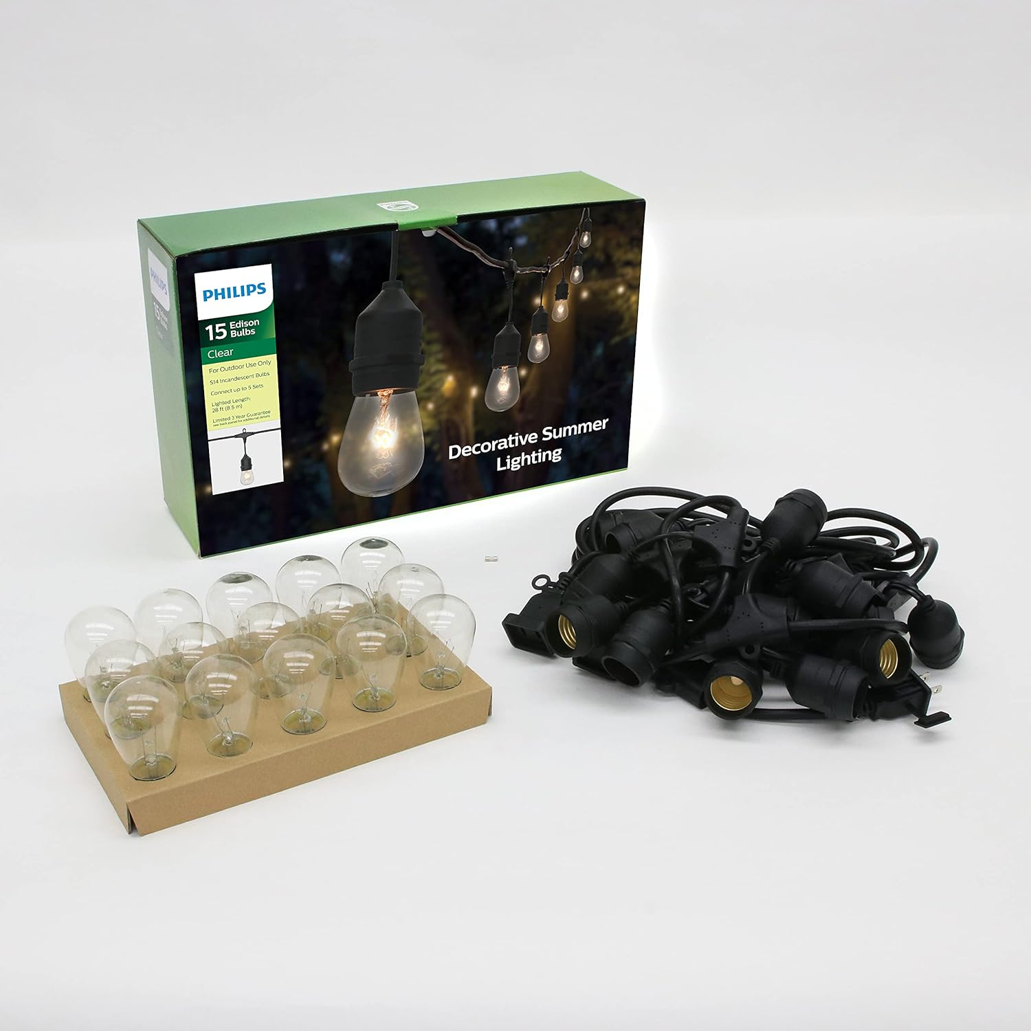 Philips 29 FT Outdoor String Lights with 15 Clear Incandescent Bulbs & Black Wire - Durable & Weatherproof - Hanging Decor for Parties, Weddings, Backyards, Decks, Patios - Vintage-Style Edison Bulbs