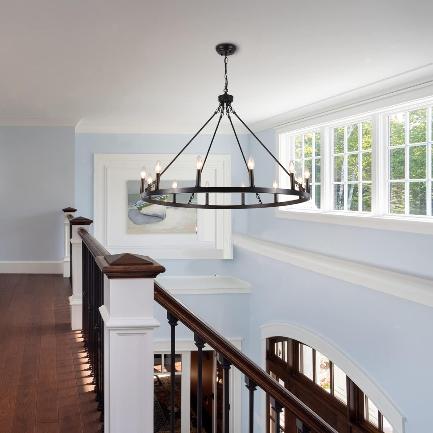 12-Light Black Farmhouse Candle Design Circle Iron Wagon Wheel Chandelier for Dining Room with No Bulbs Included