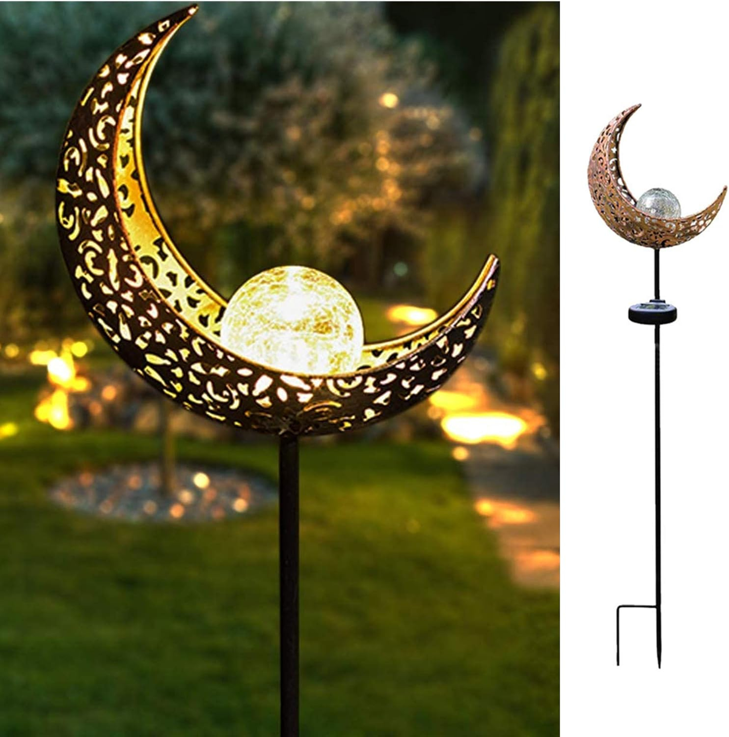 TRAHOO-Garden Solar Light Outdoor Decorative, Moon Crackle Glass Globe Stake Metal LightsWaterproof Warm White LED for Pathway, Lawn, Patio, Yard