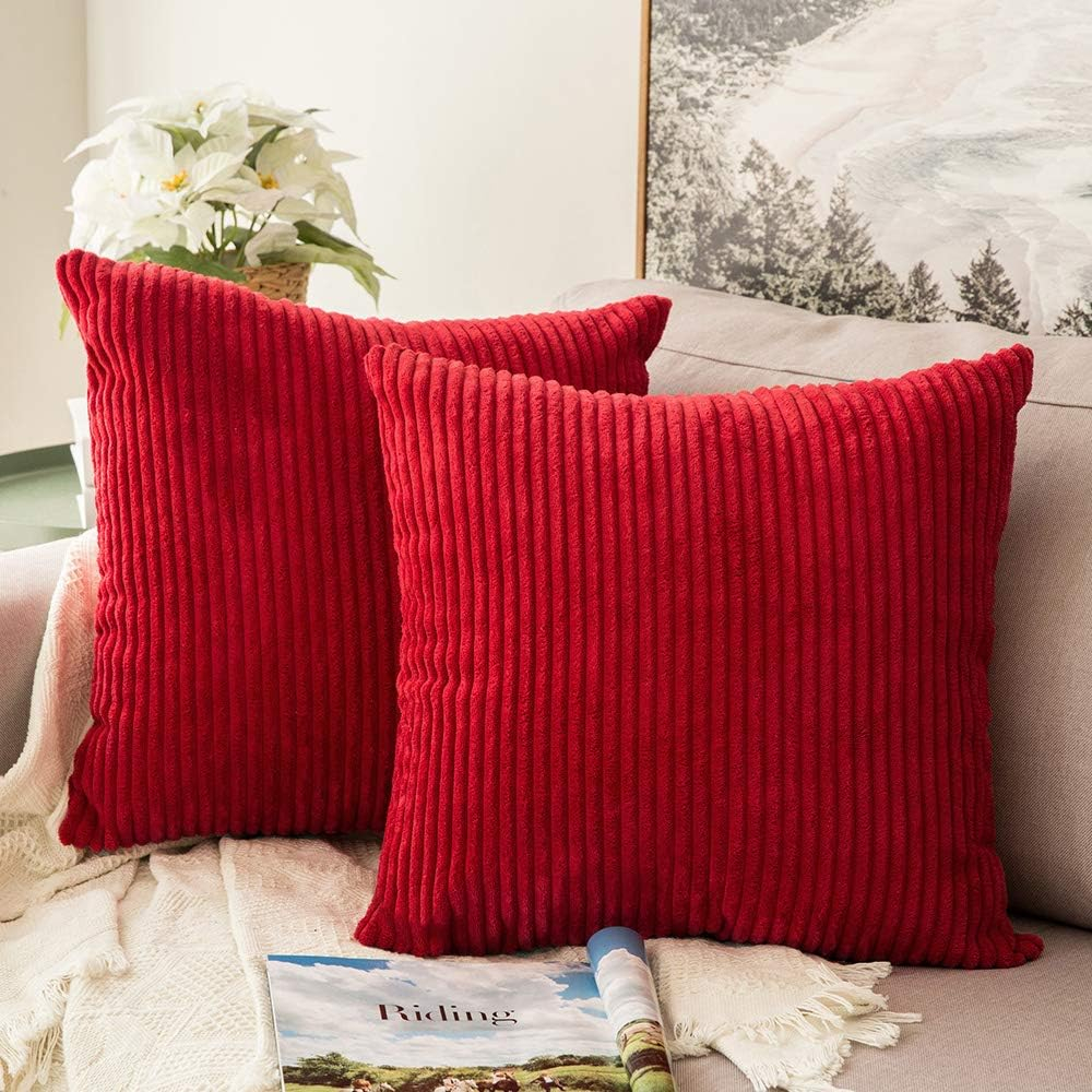 MIULEE Decorative Christmas Throw Pillow Covers Pack of 2 Corduroy Soft Soild Pillow Cases Square Pillowcases for Cushion Couch Sofa Bedroom Living Room 20 x 20 Inch Red