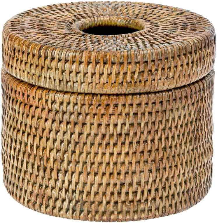 Kouboo La Jolla Handwoven Rattan Toilet Roll Stand, Toilet Paper Cover, Storage Single Roll And Tissues Protector In Bathroom, Round Toilet Holder Basket, Honey Brown