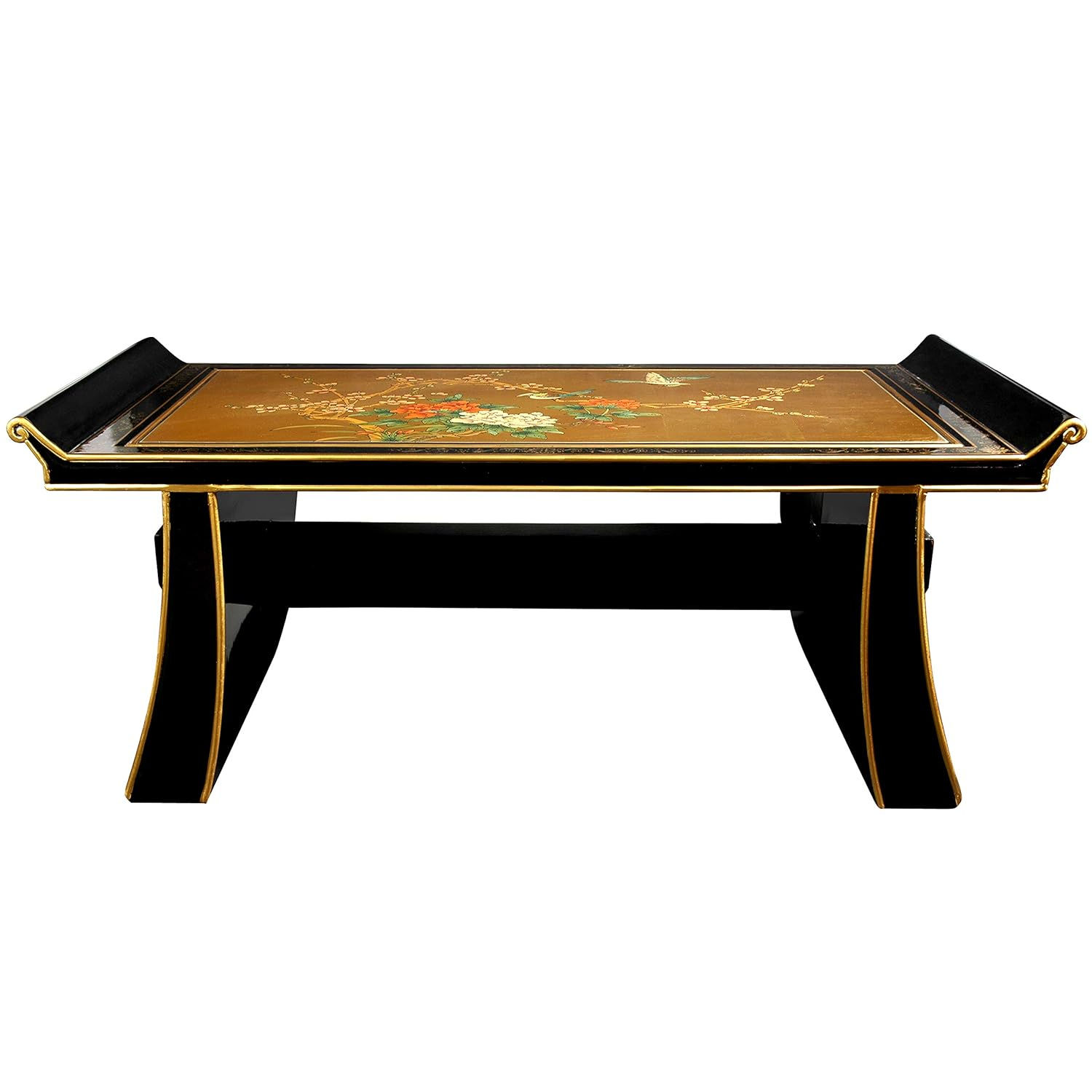 Red Lantern Hand Crafted Artisanal Shinto Gold Leaf Birds and Flowers Coffee Table