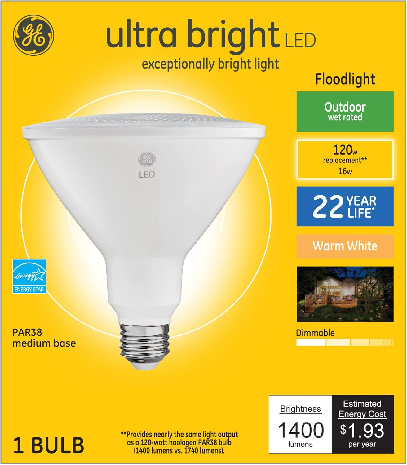 GE Ultra Bright LED Floodlight Bulb, 120 Watt Eqv, Warm White, PAR38 Outdoor Bulb, 13 year