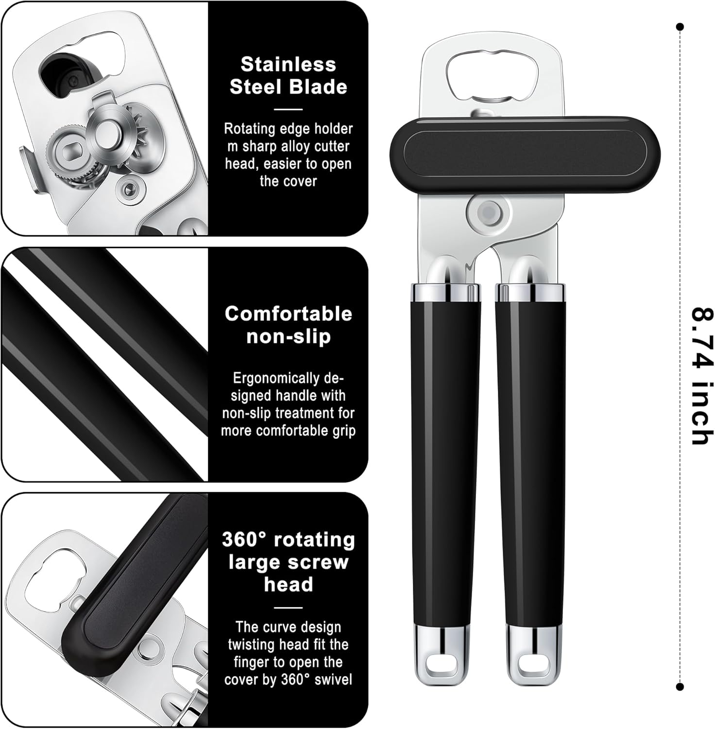Urbanstrive XL Large Heavy Duty Can Opener Manual Smooth Edge, Hand Held Can Openers for Seniors, Stainless Steel, Comfortable Handle, Built-in Bottle Opener, 8.66 inch (Black)