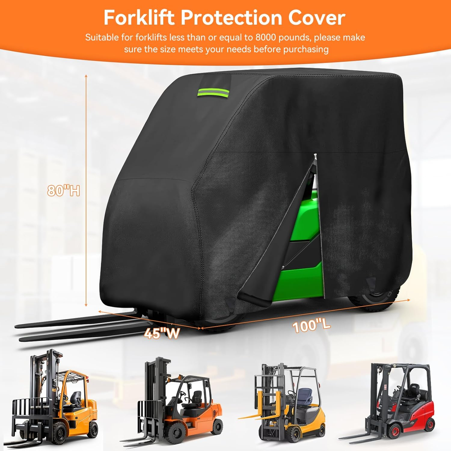Forklift Protection Cover All Weather, Forklift Cover Waterproof 600D Fits All Forklifts Up to 8000Lb, Sun Rain Snow UV Forklift Cover with Zipper Door Reflective Strips Windproof Buckle Organizer Bag