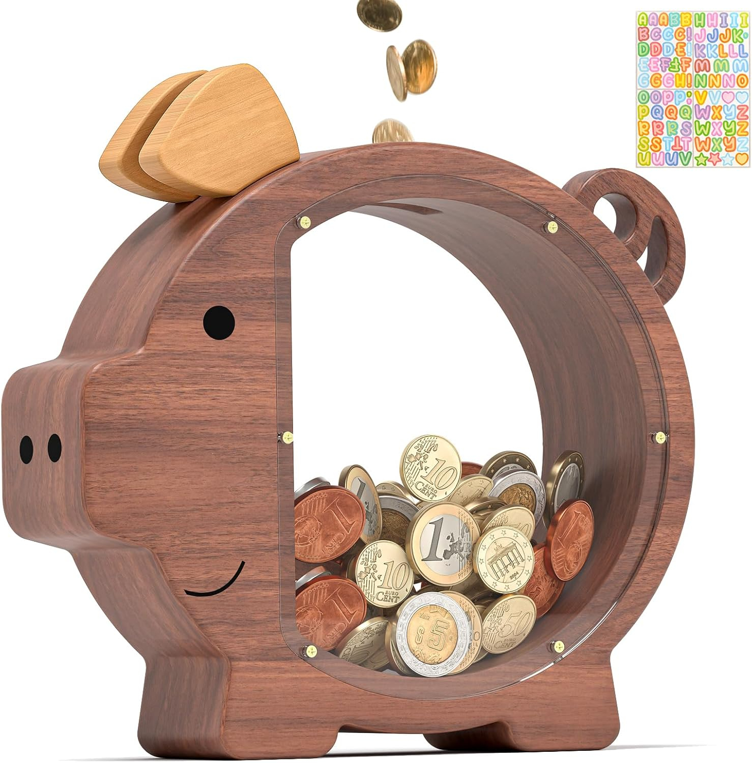 Summidate Wooden Piggy Bank for Boys, Large Unbreakable Money Bank for Kids Adults, Bills Coin Change Money Saving Money Jar Personalized Present for Birthday Christmas& Decor