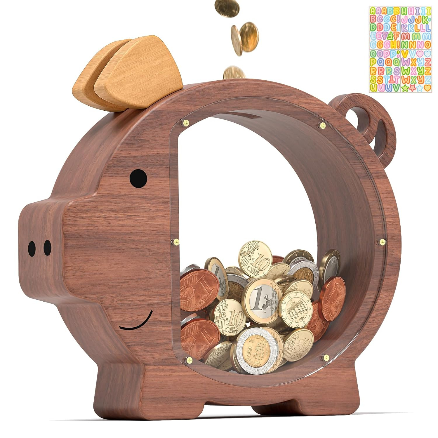 Summidate Wooden Piggy Bank for Boys, Large Unbreakable Money Bank for Kids Adults, Bills Coin Change Money Saving Money Jar Personalized Present for Birthday Christmas& Decor