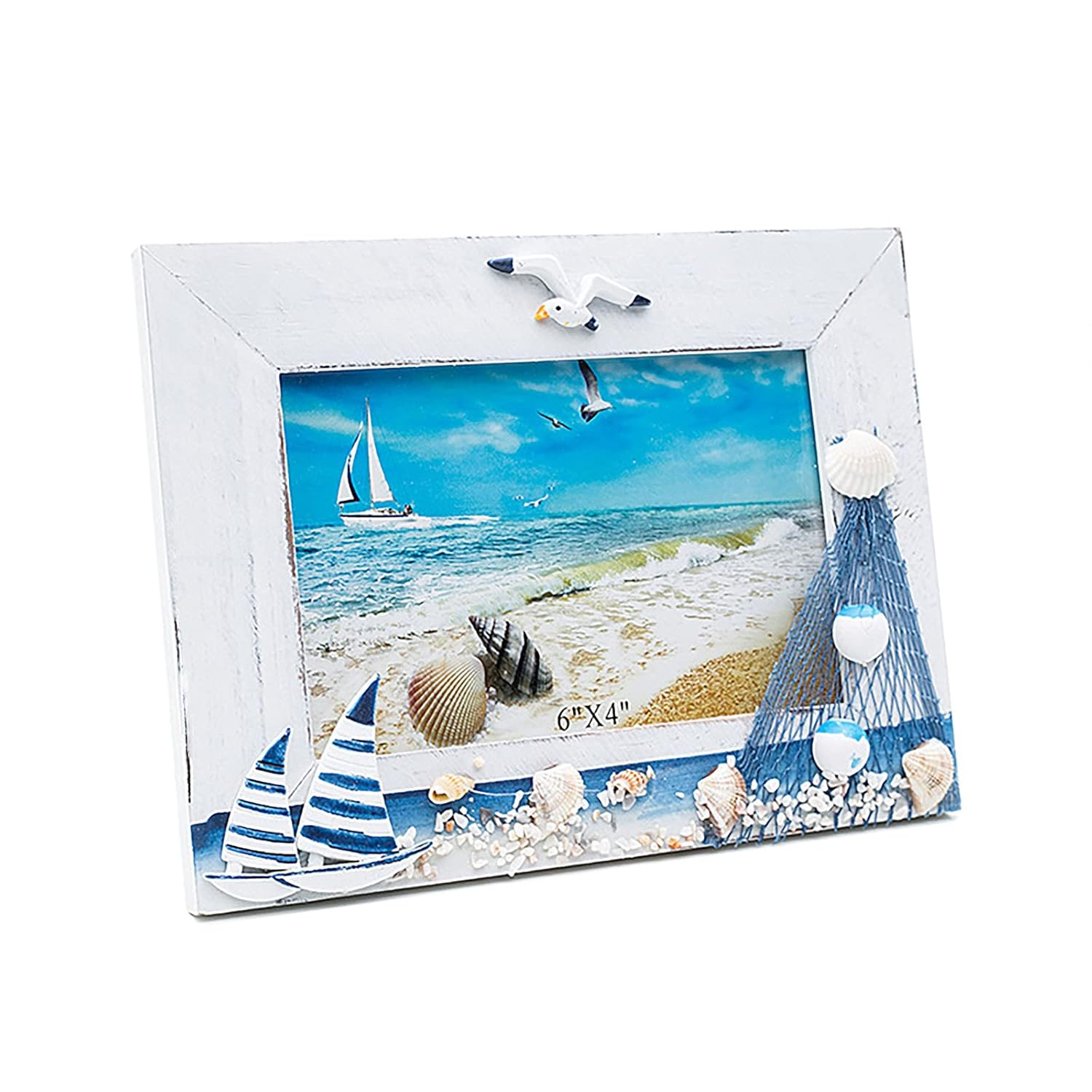 JANOU Mediterranean Photo Frame Boat Wooden Picture Frame Wooden Photo Frame Holder for Nautical Beach Themed Home Coffee Shop Decoration, 6x4 Inch