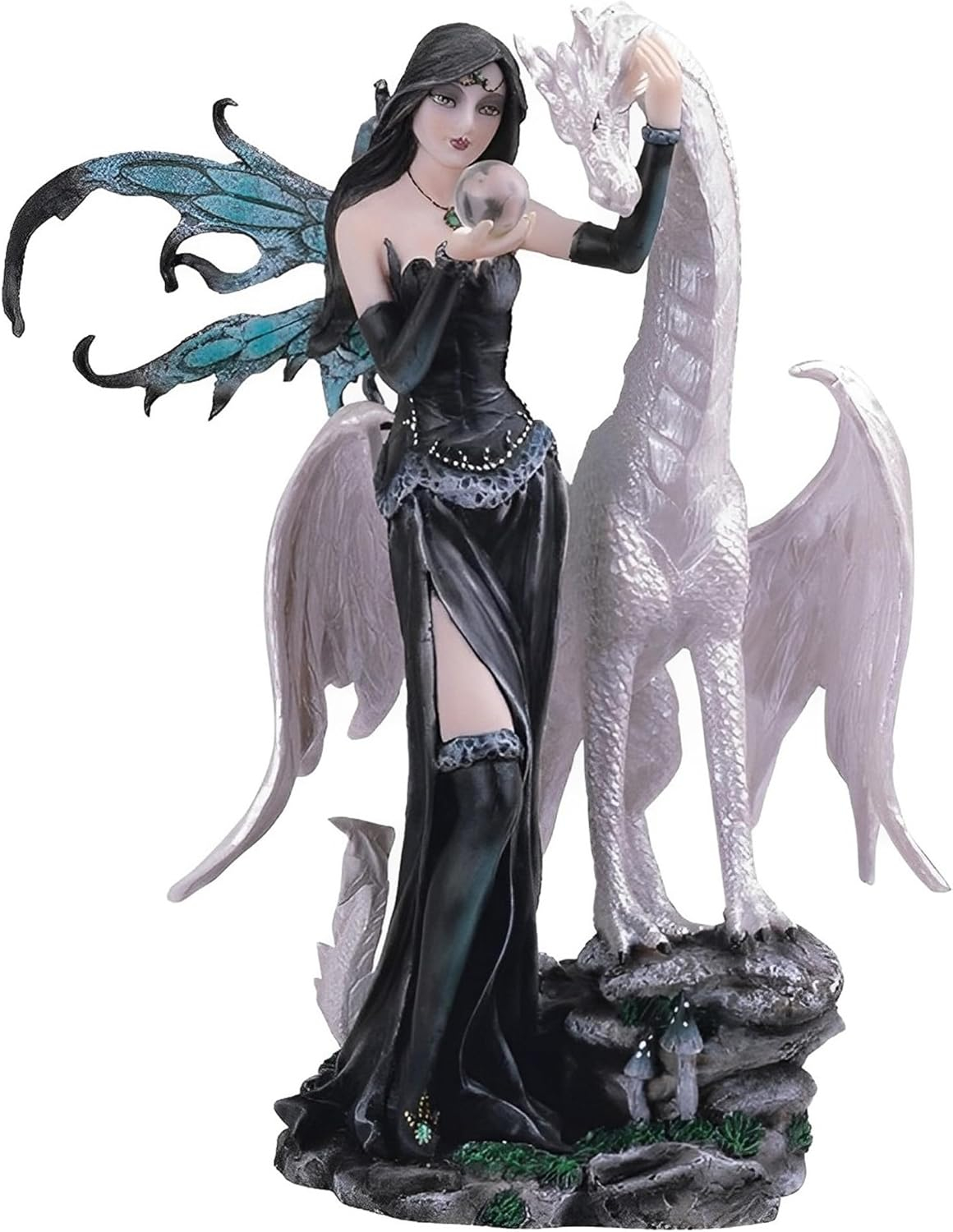 ICE ARMOR 10" H Gothic Black Fairy Holding Glass Ball with White Dragon Statue Fantasy Decoration Figurine