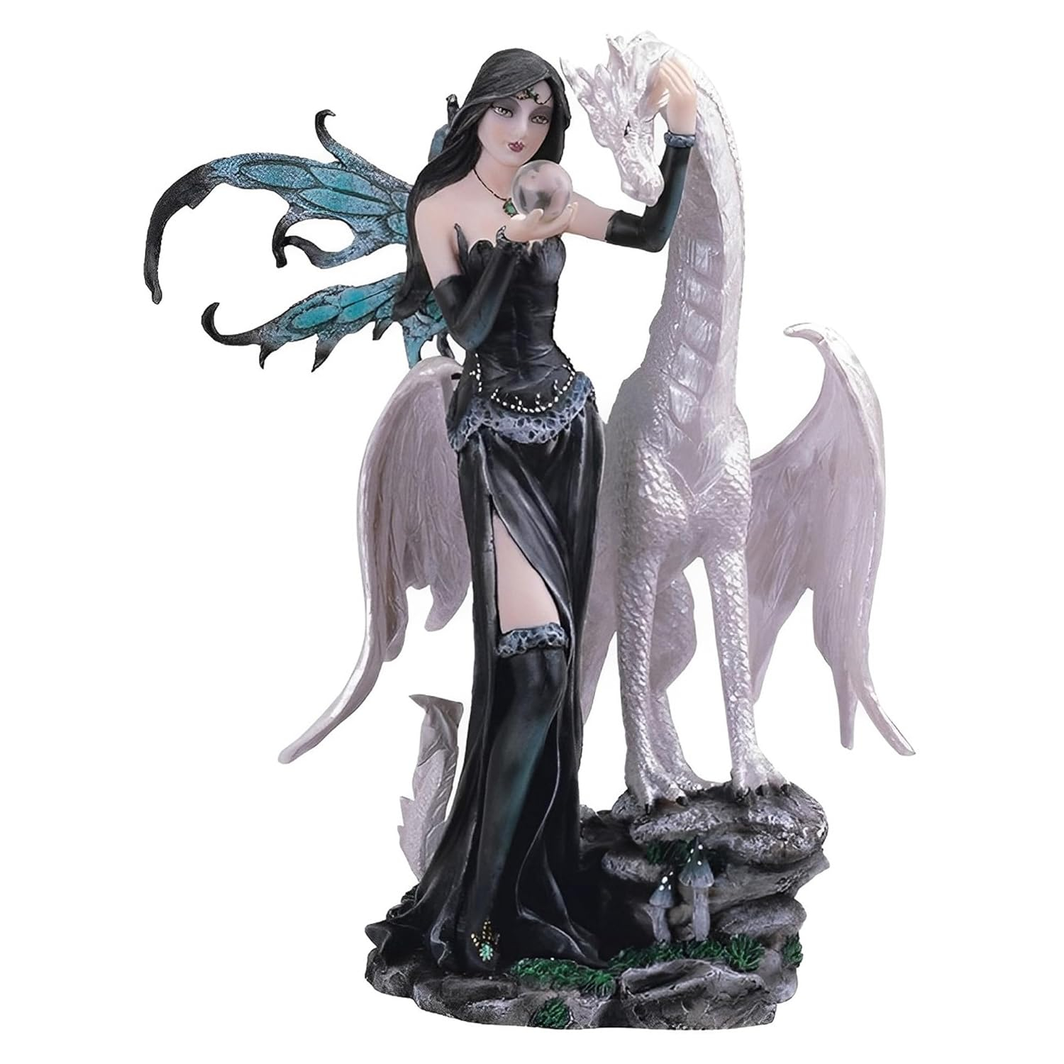 ICE ARMOR 10" H Gothic Black Fairy Holding Glass Ball with White Dragon Statue Fantasy Decoration Figurine