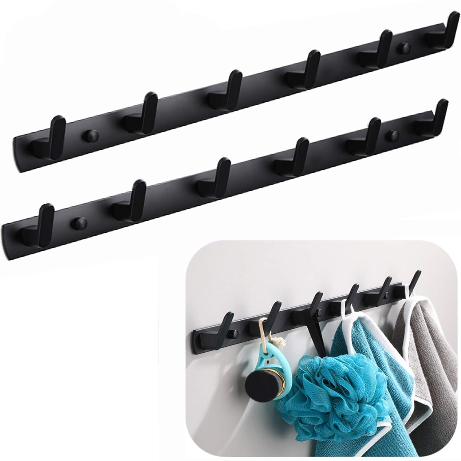 Wall Mounted Coat Racks with 6 Hooks Hanging Holder Towel Rack 21.7"x1.3" Modern Black Hanging for Clothes Entryway Bathroom (6 Hooks(2 Packs))