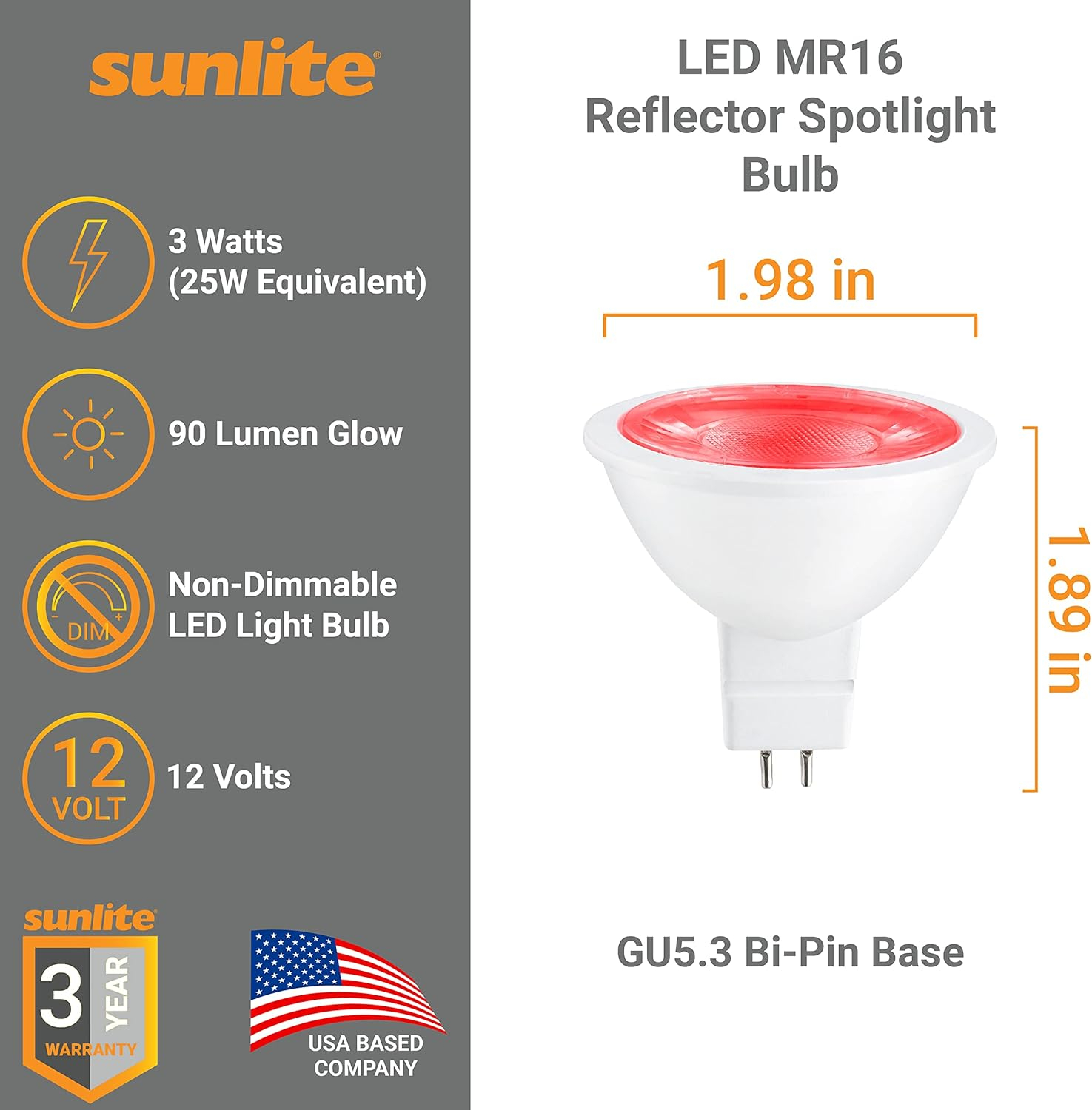 Sunlite 80855 LED MR16 Reflector Spotlight Bulb, 90 Lumens, 3 Watts (25W Halogen Bulb EQ) 12V, GU5.3 Bi-Pin Base, Non-Dimmable, Party Decoration, Holiday Lighting Red Color, 1 Count