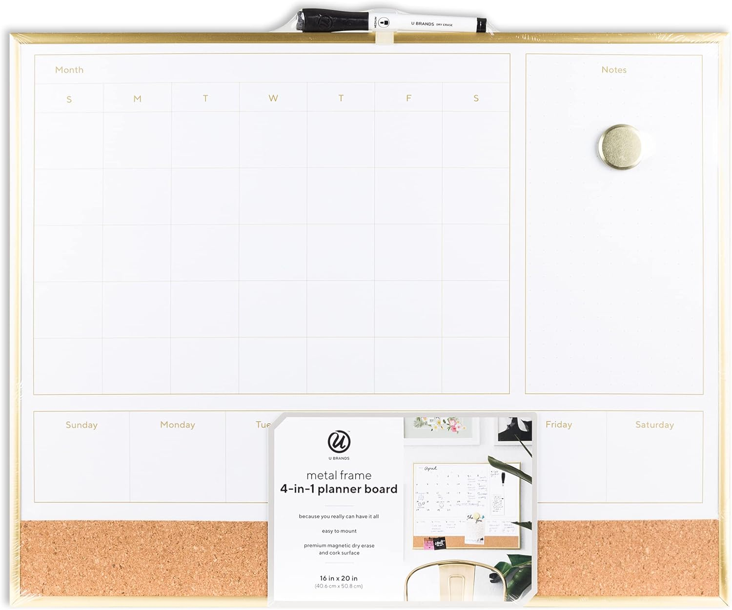 U BRANDS Dry Erase 2-in-1 Magnetic Whiteboard with Gold Frame