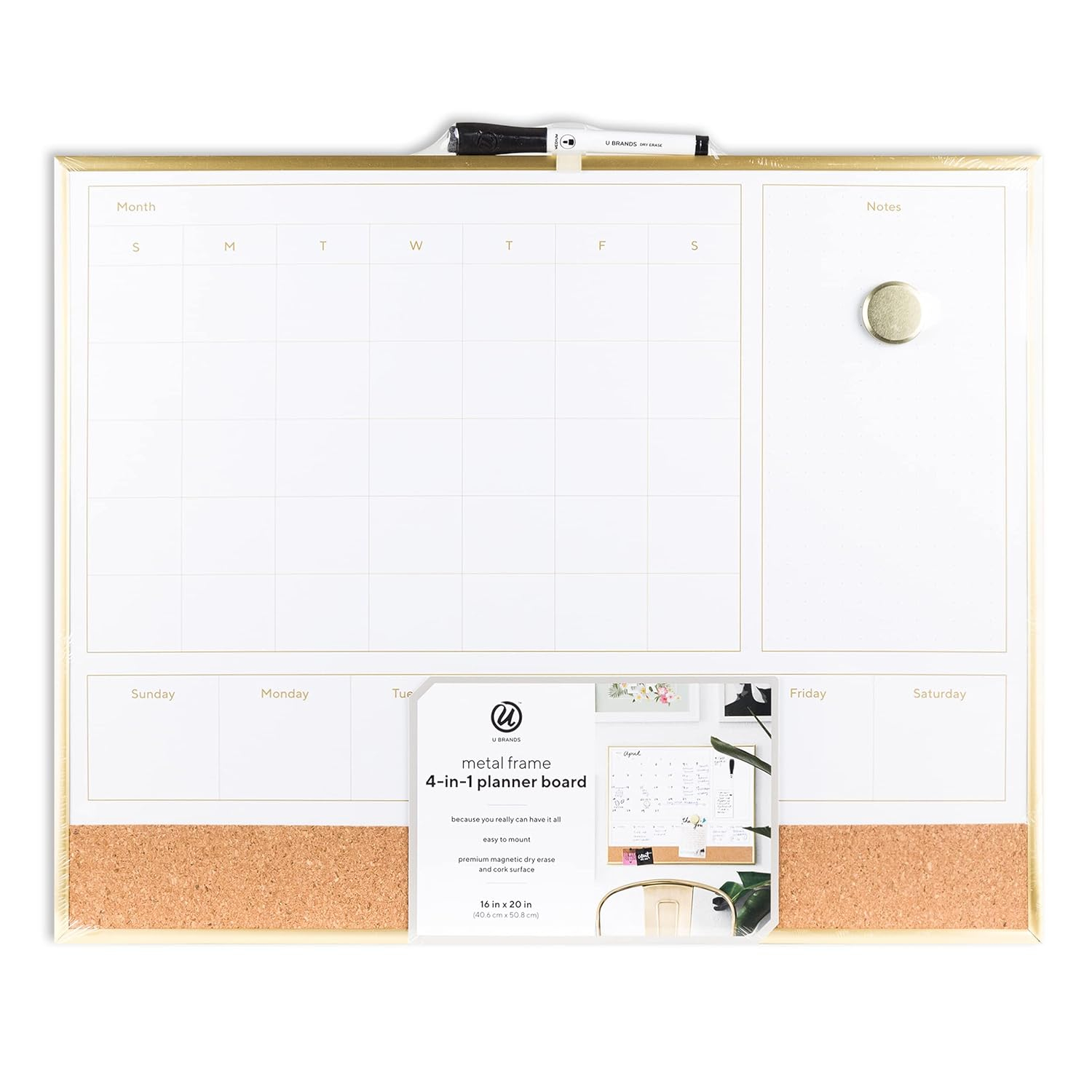 U BRANDS Dry Erase 2-in-1 Magnetic Whiteboard with Gold Frame