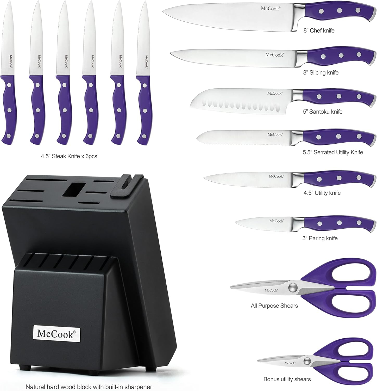 MC27 14 Pieces Stainless Steel kitchen knife set with Wooden Block, Kitchen Scissors and Built-in Sharpener, Purple