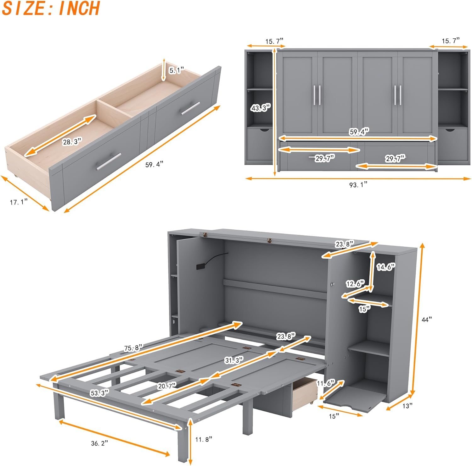 Full Size Murphy Wall Bed With Storage and Bookcase Headboard, Solid Wood Cabinets With Shelves, Drawers and USB Ports, Multi-Function Platform for Home Office, Guest Room - Gray