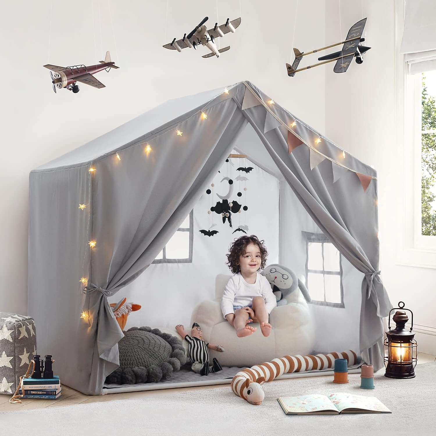 Kids Play Tent with Mat, Large Indoor Playhouse Tent, Kids Play House Tent Castle for Boys and Girls, Play Cottage (Grey)