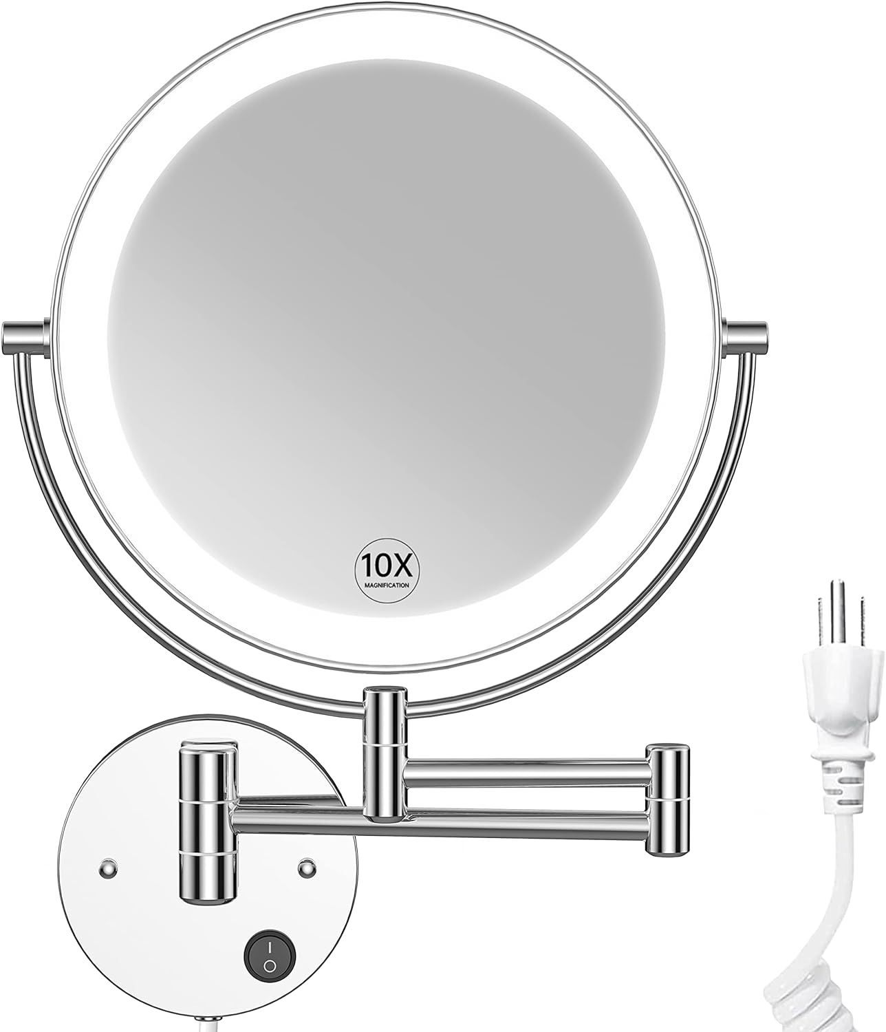 Benbilry 9" Large Size Wall Mounted Makeup Vanity Mirror, 1X/10X Magnifying Double Sided Shaving Mirror for Bathroom, 360° Swivel Extendable Arm Nickel Finish