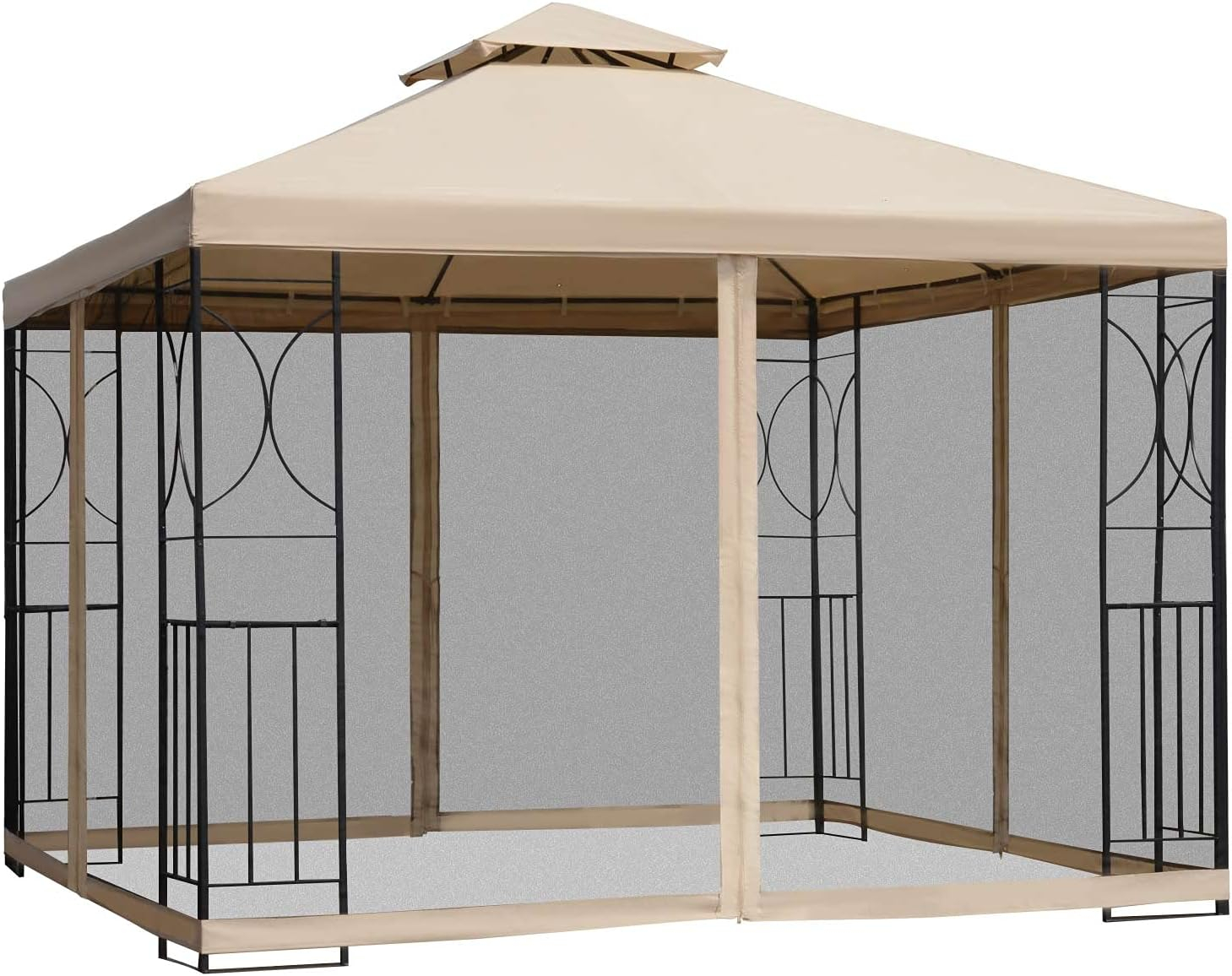 Outsunny 10' x 10' Patio Gazebo with Corner Shelves, Outdoor Gazebo Canopy Shelter with Netting, and Vented Roof, for Garden, Lawn, Backyard and Deck