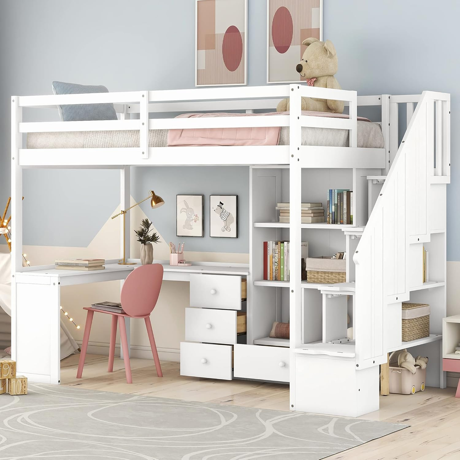 Bellemave Twin Size Loft Bed with Desk and Stairs Wood Loft Beds with Storage Cabinet and Bookcase High Loft Bed Frame with Staircase Shelves for Kids, Teen, Boys, Girls, White