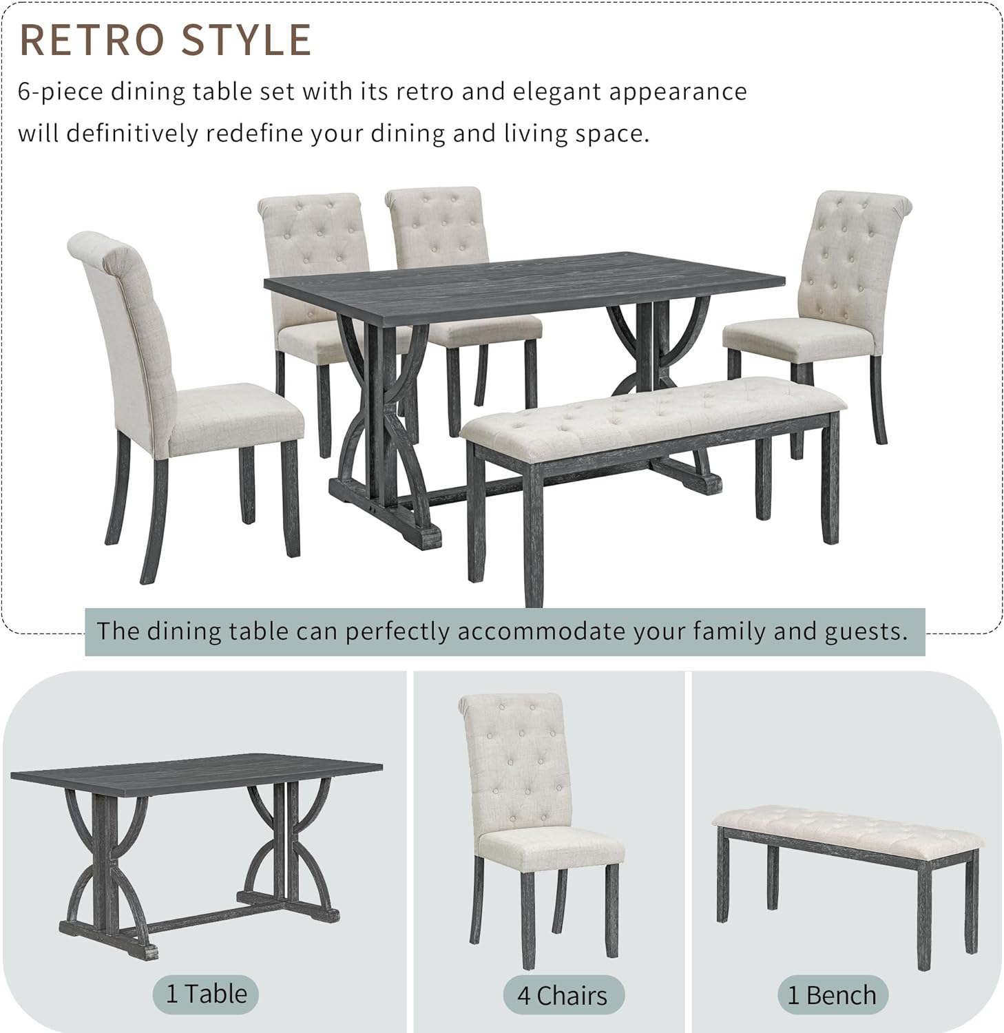 6-Piece Retro Dining Table Set, Rubber Wood Rectangular Table with Unique Legs and 4 Upholstered Chairs & 1 Bench for Dining Room and Kitchen (Gray Wash)