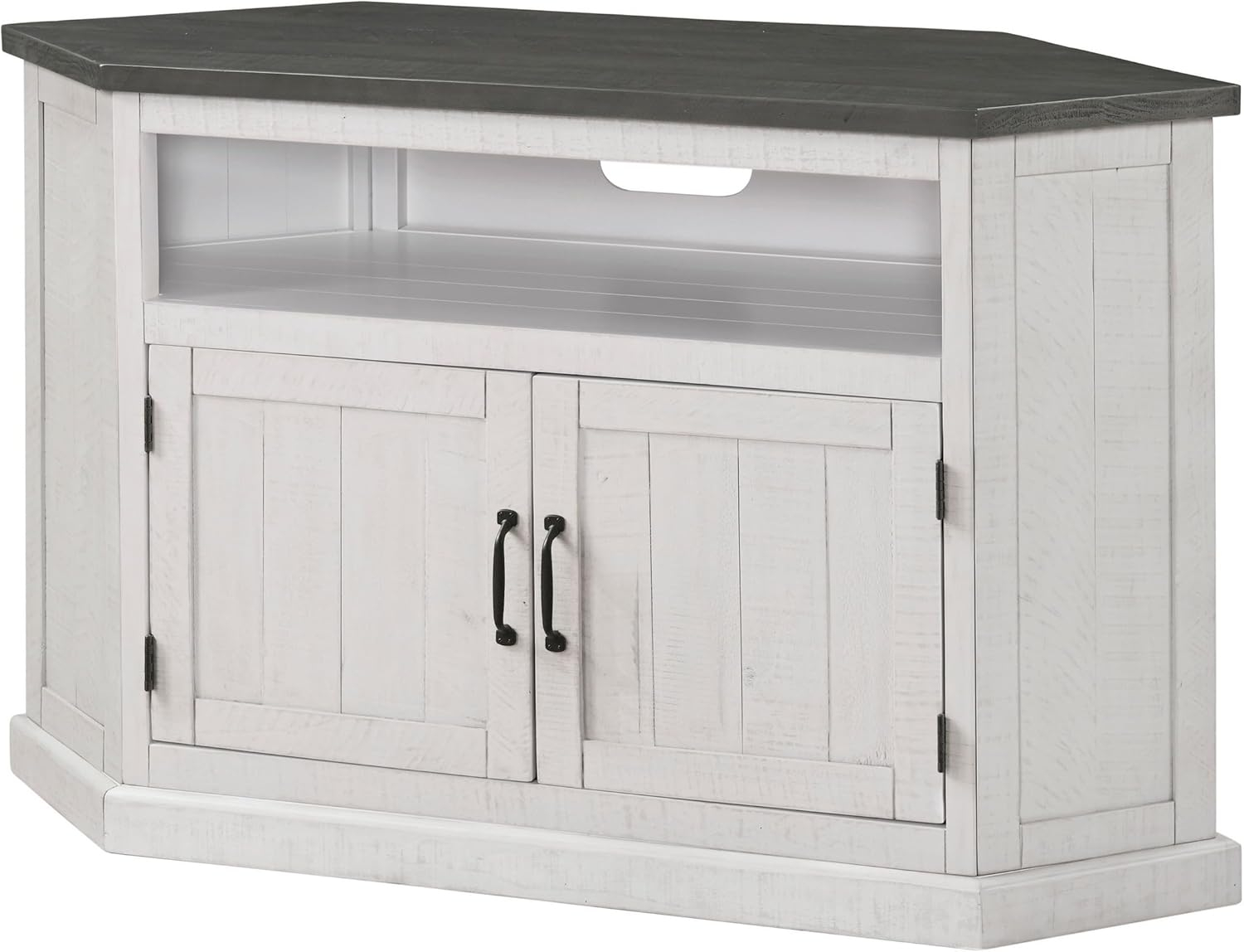 Benjara Alexa 50 Inch TV Corner Entertainment Console, Cubby, Cabinet, White, Gray, Black