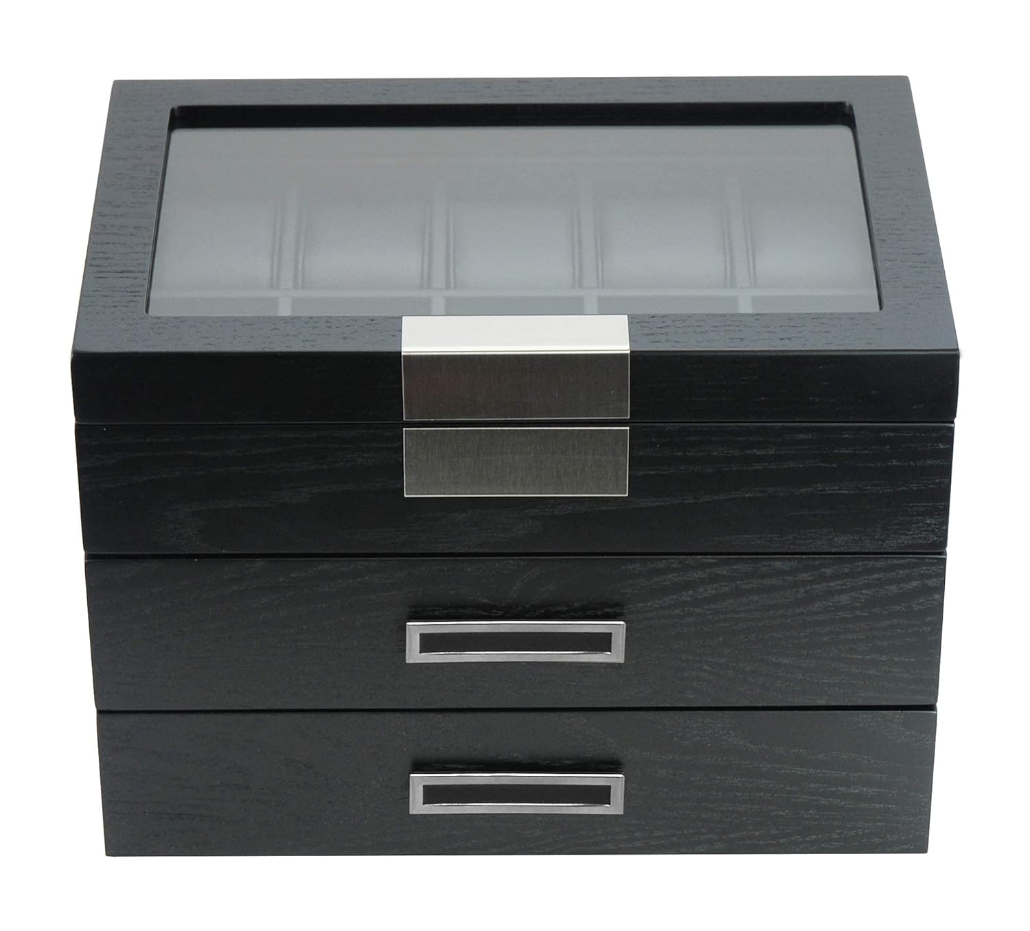30-Piece Black Ebony Wood Watch Extra Height Clearance Display Case and 3 Drawer Storage Organizer Box