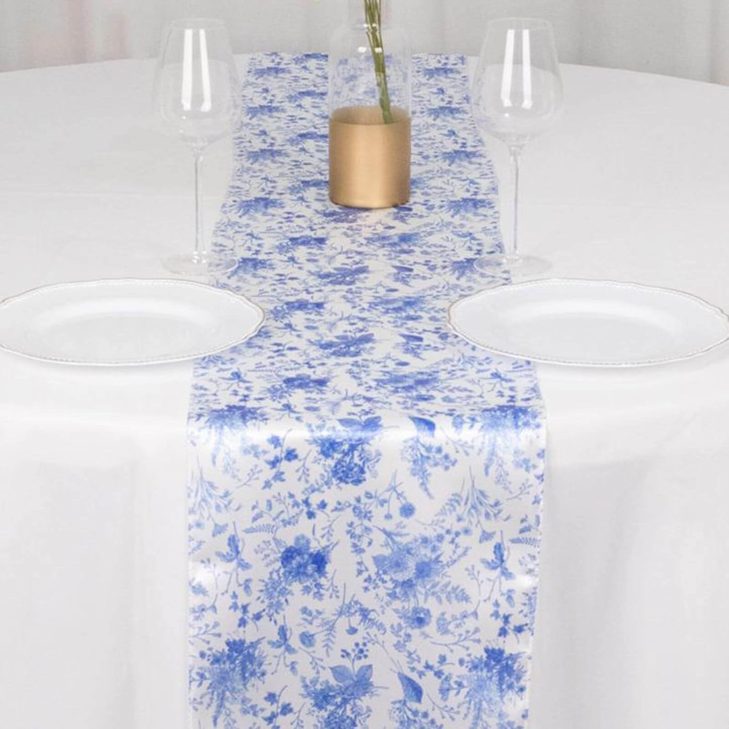 Efavormart 12"x108" White Blue Chinoiserie Floral Print Satin Table Runner