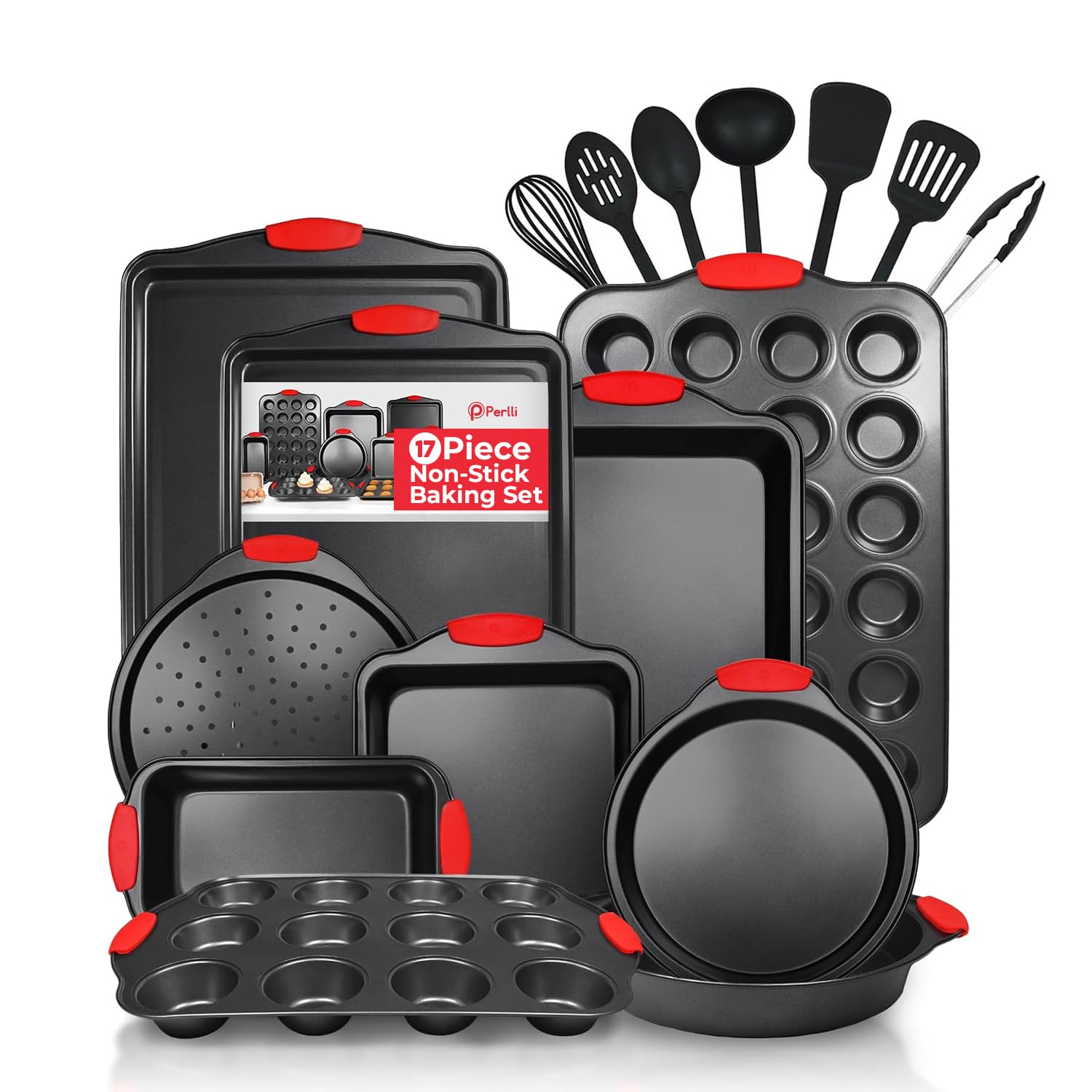 PERLLI Non-Stick 17-Piece Baking Pan Set, BPA-Free Carbon Steel Bakeware Set with Silicone Handles, Stackable Kitchen Oven Set, Cookie Sheet, Baking Tray, Baking Sheet Set, Utensils, Oven Safe (446°F)