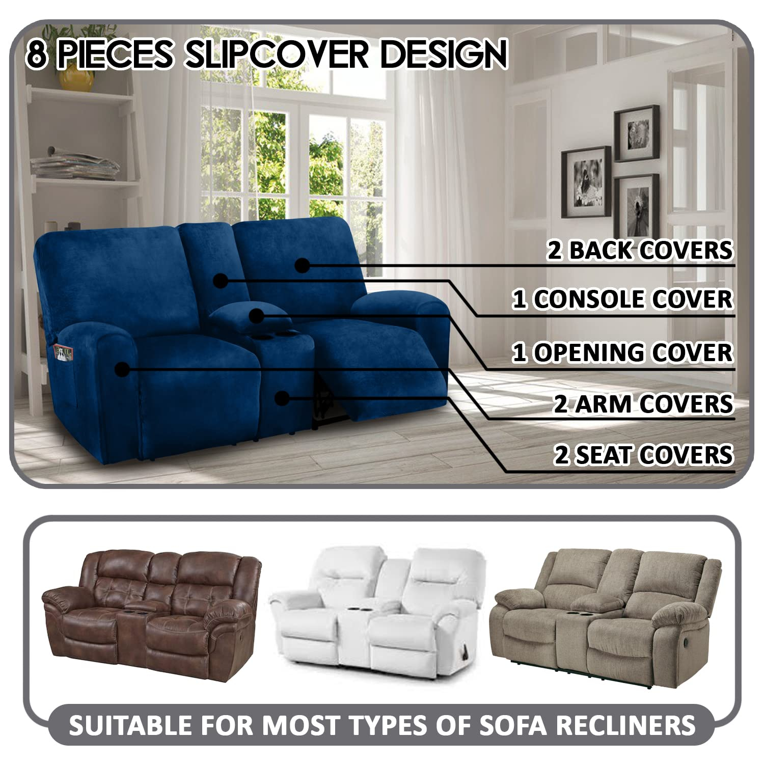 ULTICOR Reclining Love Seat with Middle Console Slipcover, 8-Piece Velvet Stretch Loveseat Reclining Sofa Covers, 2 seat Loveseat Recliner Cover, Thick, Soft, Washable, Loveseat Slipcovers (Navy)