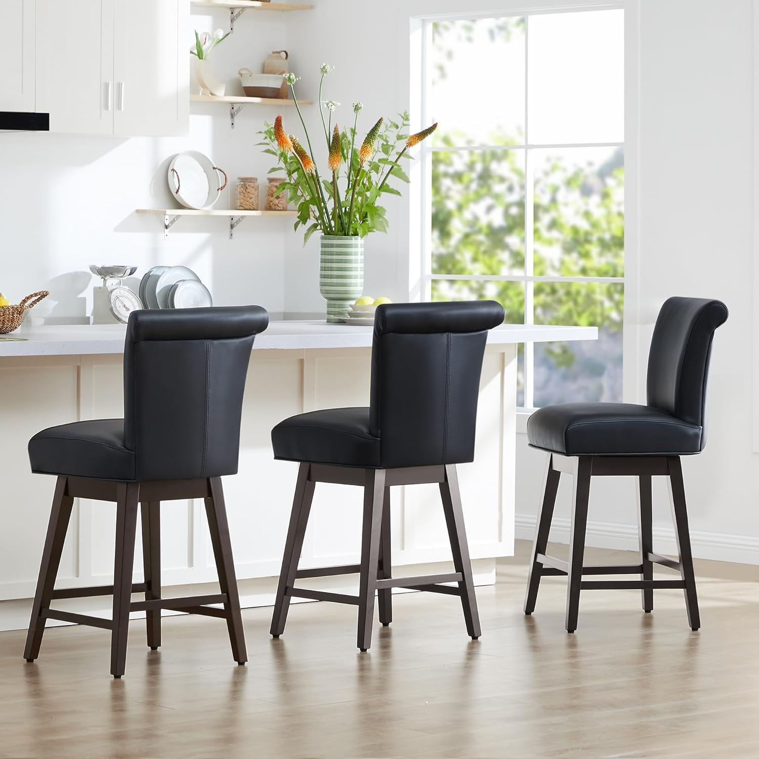 CHITA 26 in Upholstered Swivel Counter Bar Stools with Back&Wood Legs Set of 2, Faux Leather in Black