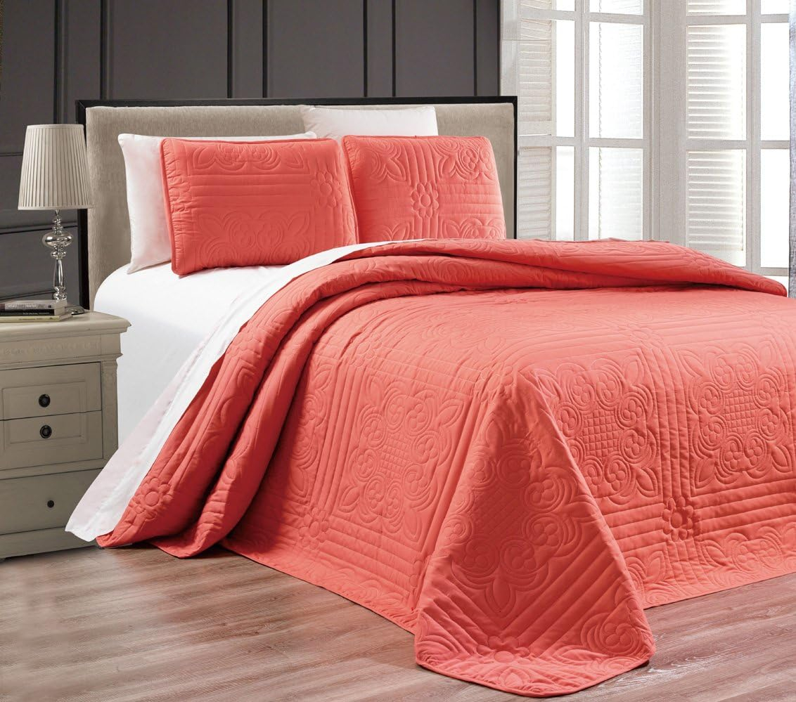 3-Piece Coral Oversize Stella Grande Bedspread King/Cal King Embossed Coverlet Set 118 by 106-Inch