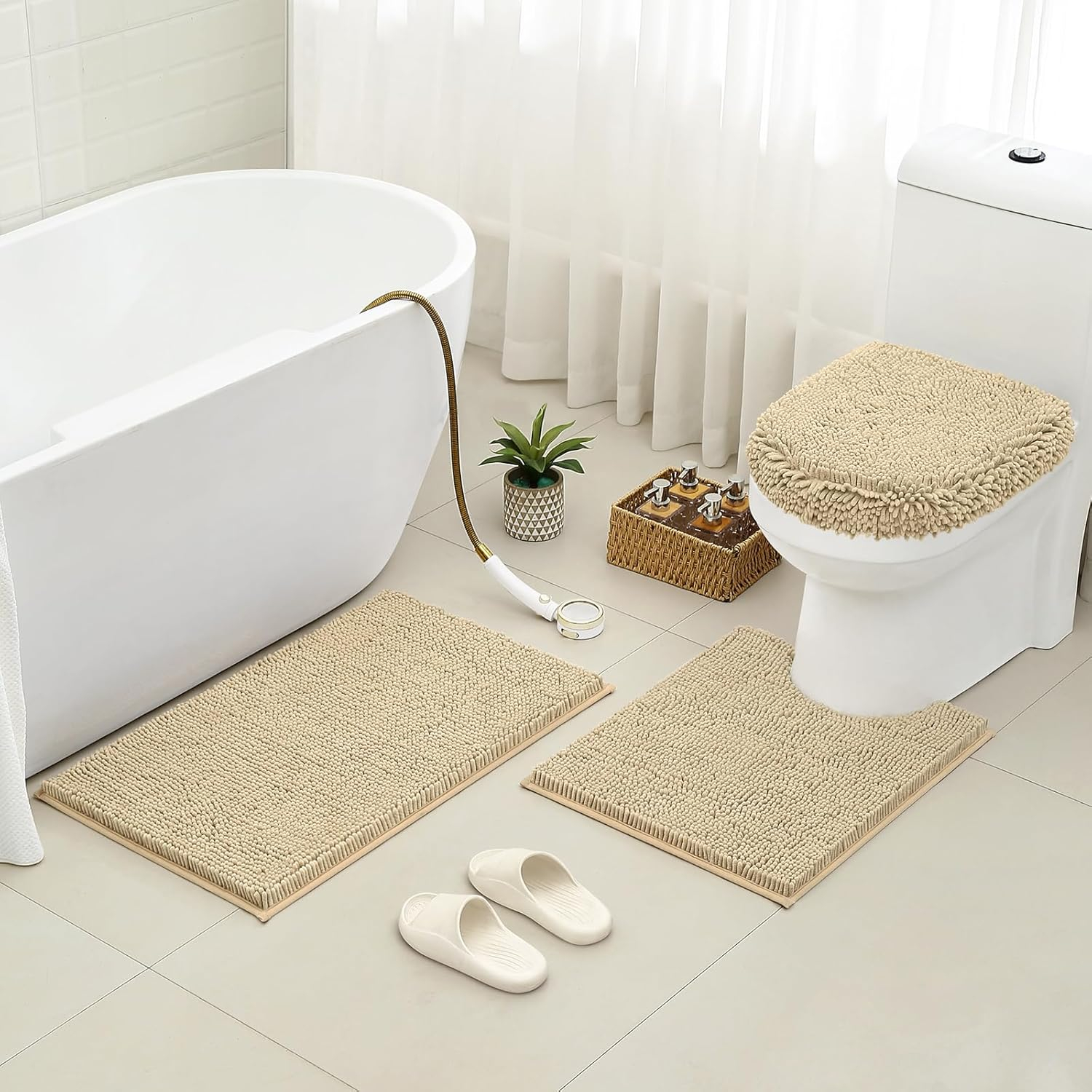 HOMEIDEAS 3 Pieces Beige Bathroom Rugs Set, Ultra Soft Non Slip Bath Rug and Absorbent Chenille Bath Mat, Includes U-Shaped Contour Rug, Bath Mat and Toilet Lid Cover, Perfect for Bathroom, Tub