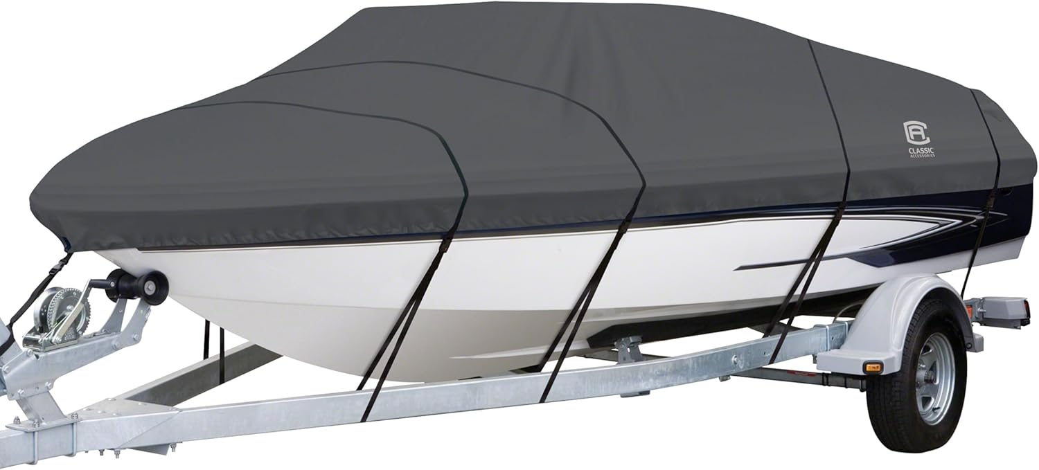 Classic Accessories StormPro™ Heavy Duty Boat Cover with Support Pole, Fits Boats 22' - 24' L x 116" W, Trailerable Boat Cover, Model F, Charcoal