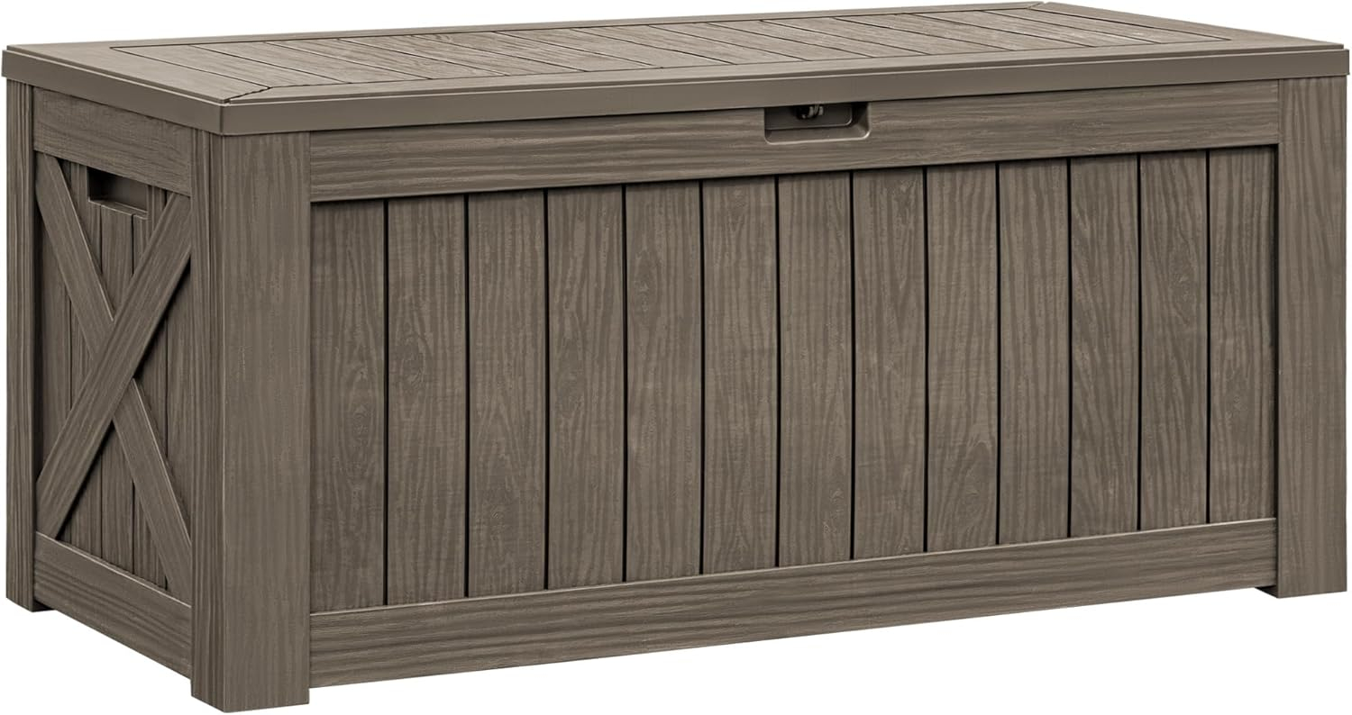 Flamaker Deck Box with Cushion 100 Gallon Waterproof Resin Storage Box with Air Rod Indoor Outdoor Lockable Storage Bench for Patio Furniture, Tools, Pool Accessories (Black)