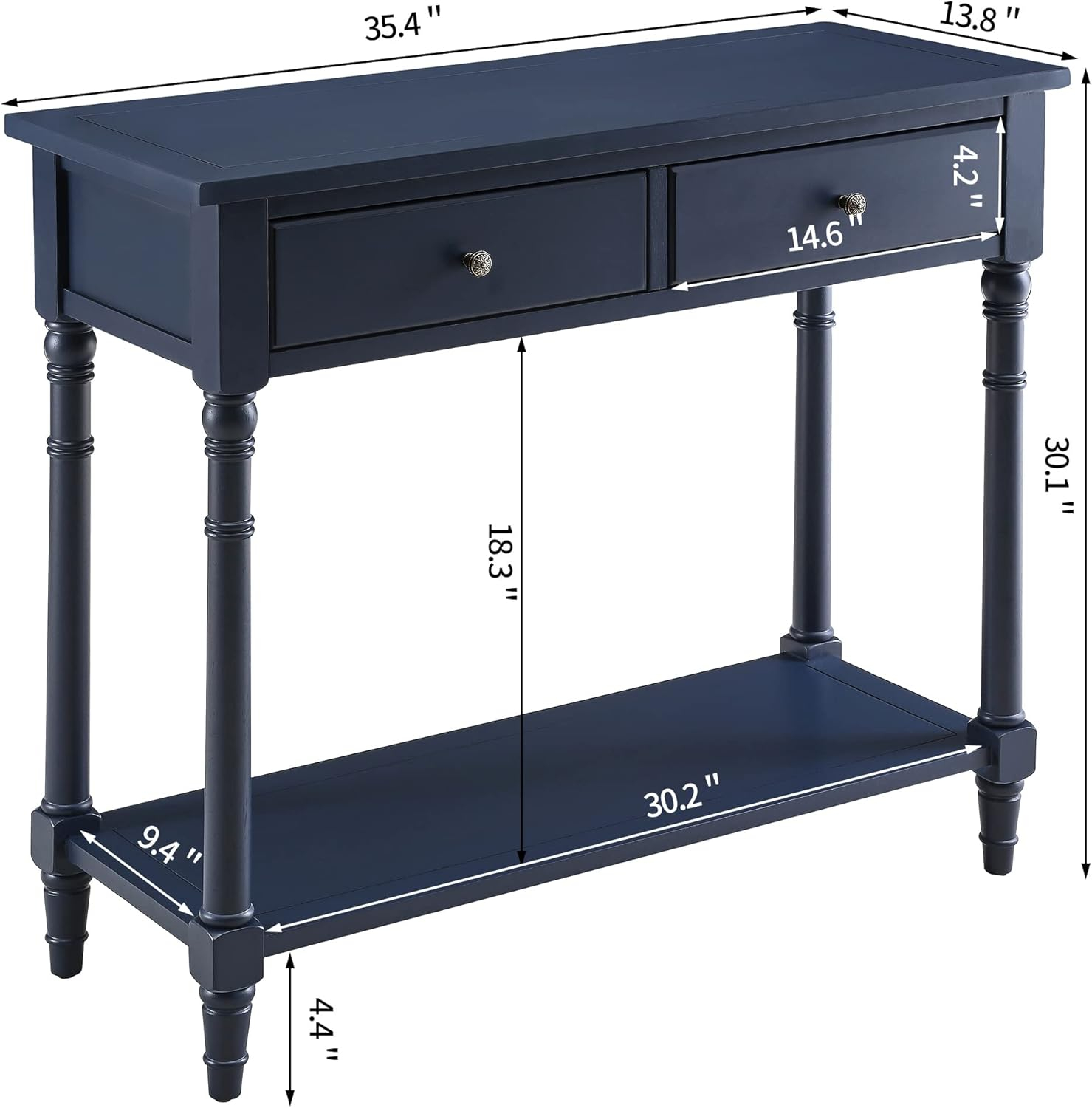 Solid Wood Console Entry Table with 2 Drawers, Accent Sofa Table with Storage Shelf, Narrow Entryway Hall Table for Living Room Office Easy Assembly 35.54" L x 30" H x 13.78" W Blue SFZ-004BL