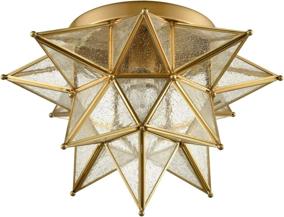 Modern Moroccan Seeded Glass Brass Moravian Star Flush Mount Ceiling Light