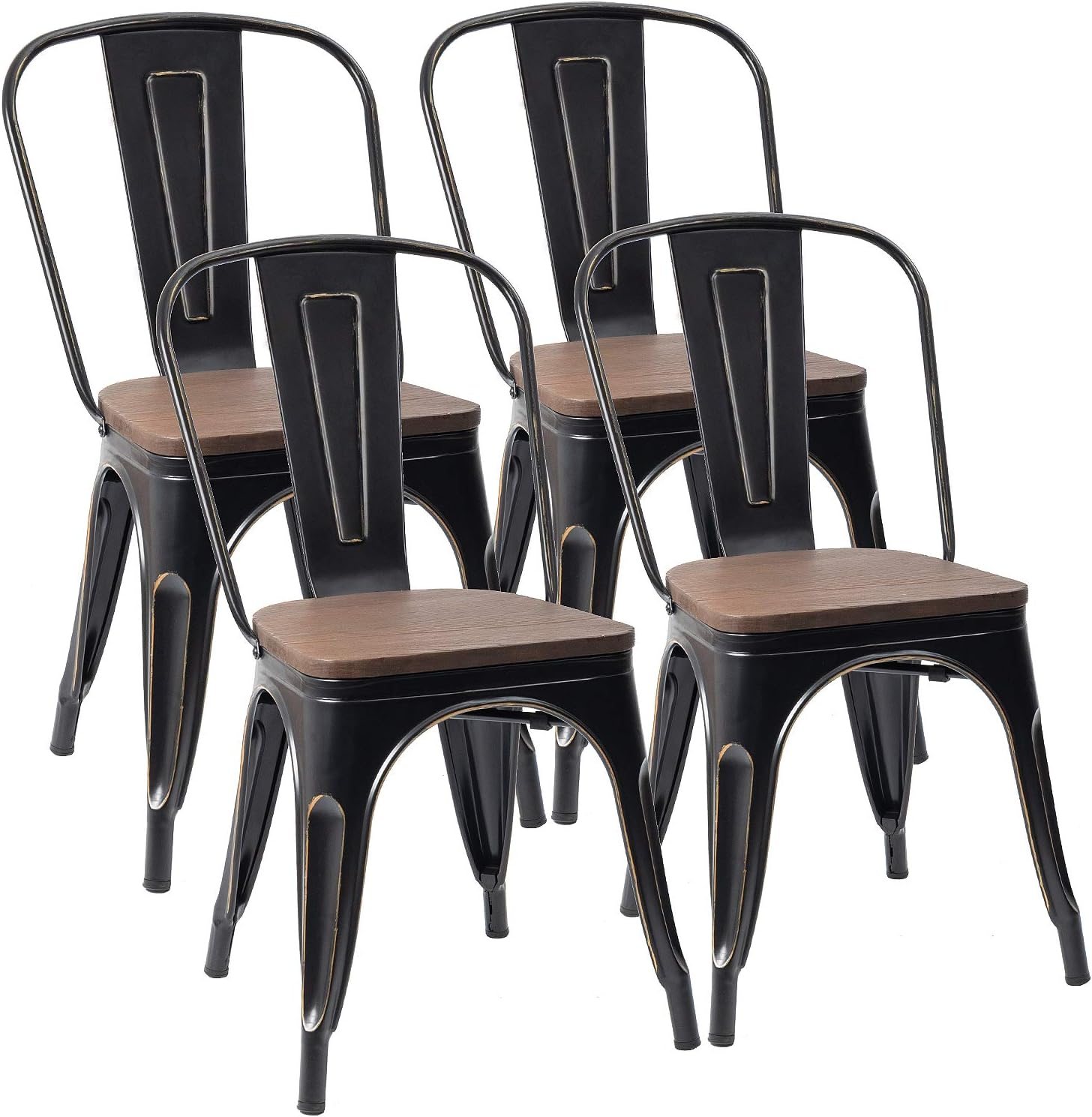 Furmax Metal Dining Chair Indoor Outdoor Use Stackable Chic Side Classic Trattoria Metal Chairs Set of 4 for Kitchen, Dining Room, Bistro and Cafe (Distressed White)