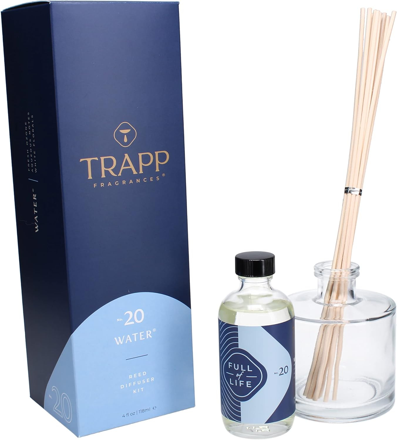 Trapp - No. 20 Water - Reed Diffuser Kit - 2 Sets of 12 Reeds, Scented Diffuser Oil (4 oz.), Vase - Long Lasting Scent Notes of Fresh Ozone, Aqueous Notes, and White Florals