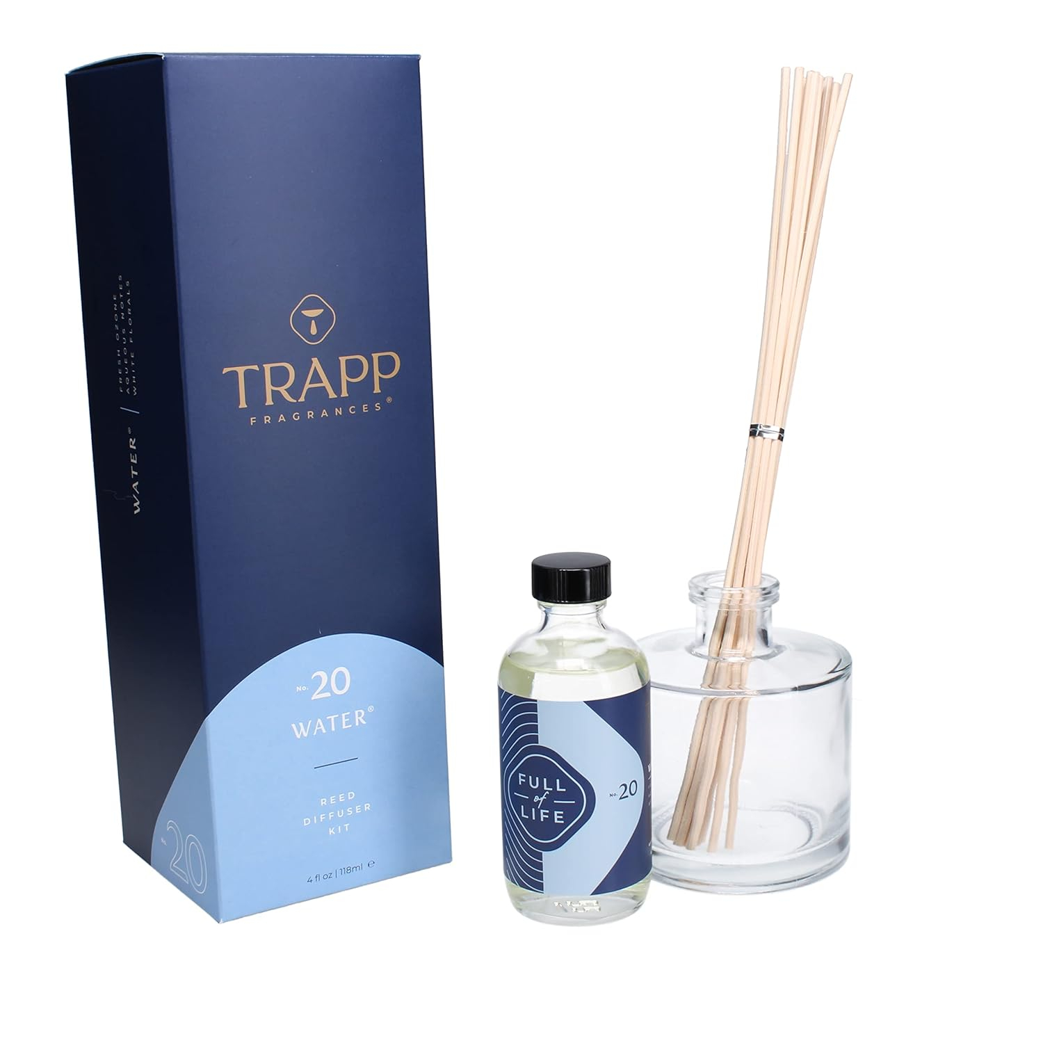 Trapp - No. 20 Water - Reed Diffuser Kit - 2 Sets of 12 Reeds, Scented Diffuser Oil (4 oz.), Vase - Long Lasting Scent Notes of Fresh Ozone, Aqueous Notes, and White Florals