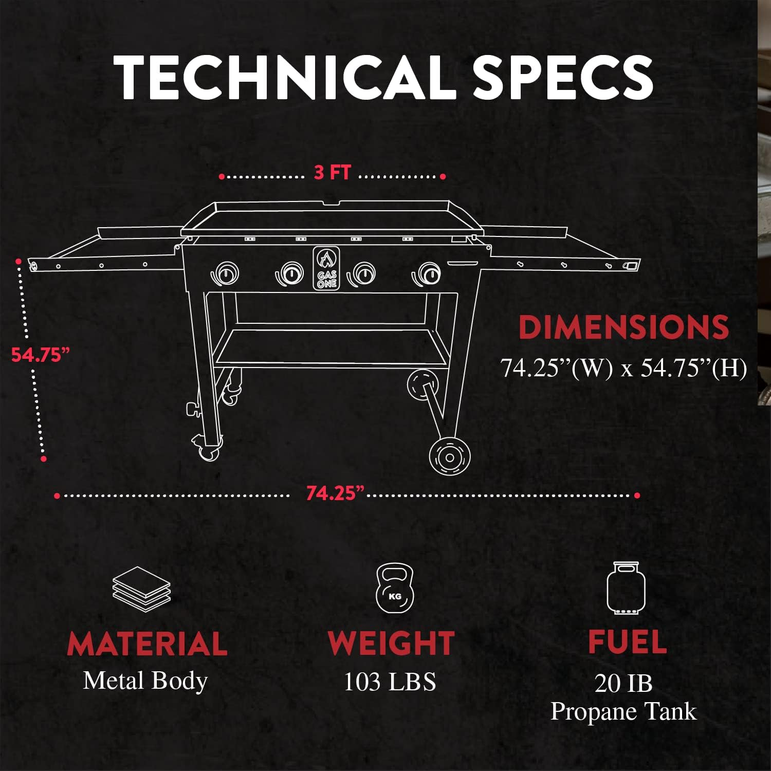 Flat Top Portable Propane Grill 36 in. with Foldable Legs in Black